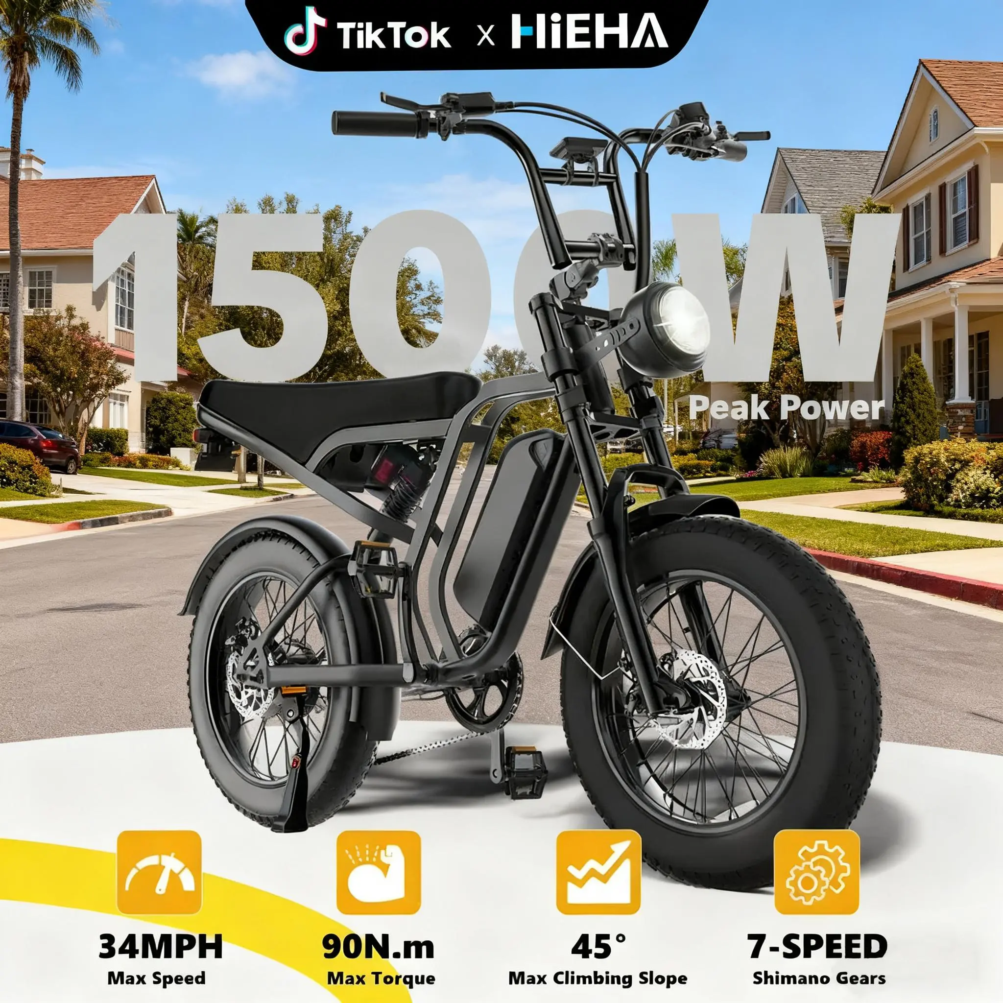 All-Terrain Electric Bike – 1500W Peak Motor, 34 MPH, 40–70 Mile Range with Fat Tires & Dual Suspension