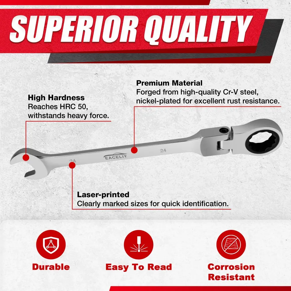 16PCS Flex-Head Ratcheting Wrench Set, Combination Wrench Set, Metric 6-24mm, 72-Tooth, CR-V Steel, with Rolling Pouch
