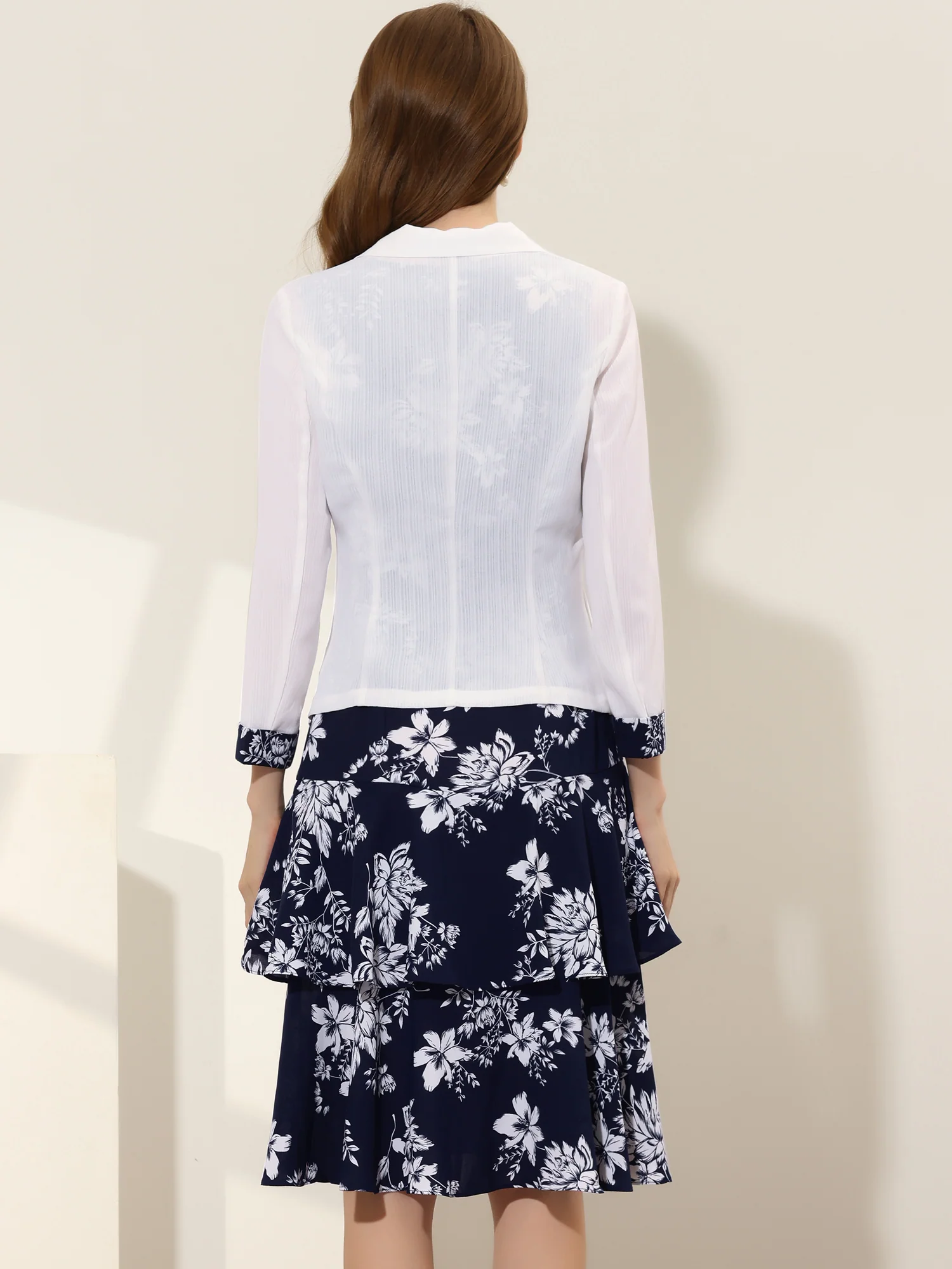 Work flower Print Contrast Panel 2pc Sets Chiffon V Neck Jacket Dress