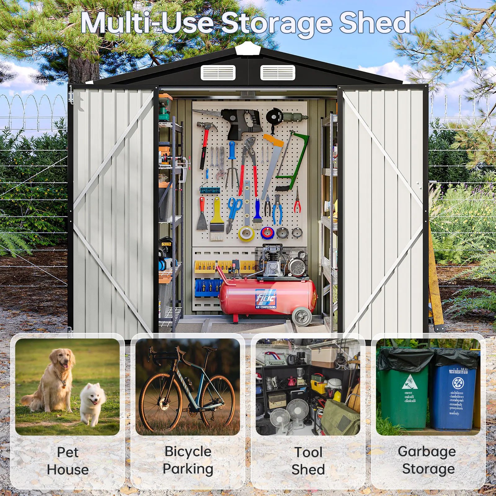 Outdoor Storage Shed Metal Garden Tool Shed with Sloping Roof Lockable Door for Patio Lawn Backyard Black Organizer for Garden Tools & Shelf Organization