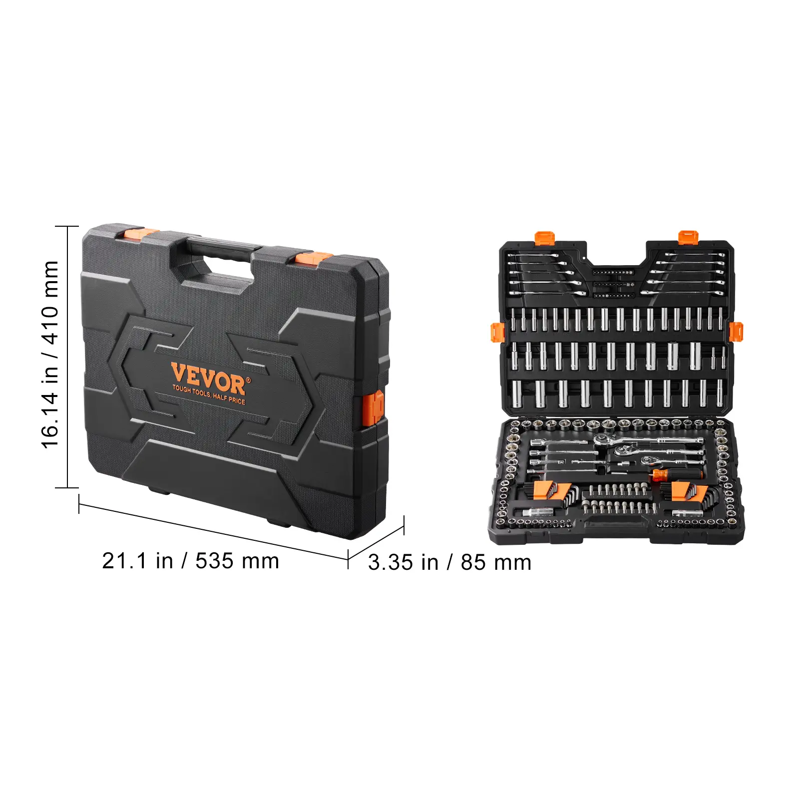 205-Pc Heavy-Duty Mechanic Tool Kit, 1/4"-3/8"-1/2" Drive Deep & Standard SAE/Metric Sockets, Bits, Combination Wrenches, Hex Wrenches, Accessories with Storage Case