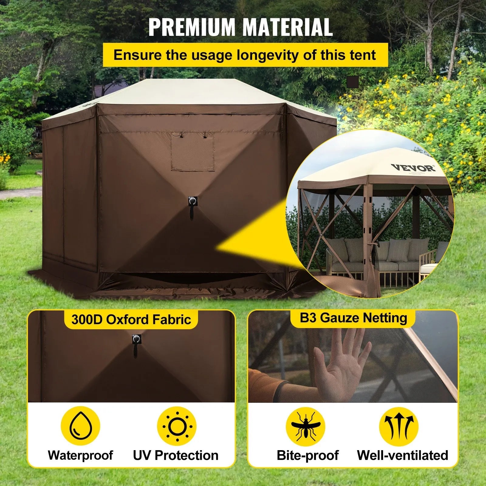 Special Offer Camping Gazebo Screen Tent, 12*12ft, 6 Sided Pop-up Canopy Shelter Tent with Mesh Windows, Portable Carry Bag, Stakes, Large Shade Tents for Outdoor Camping