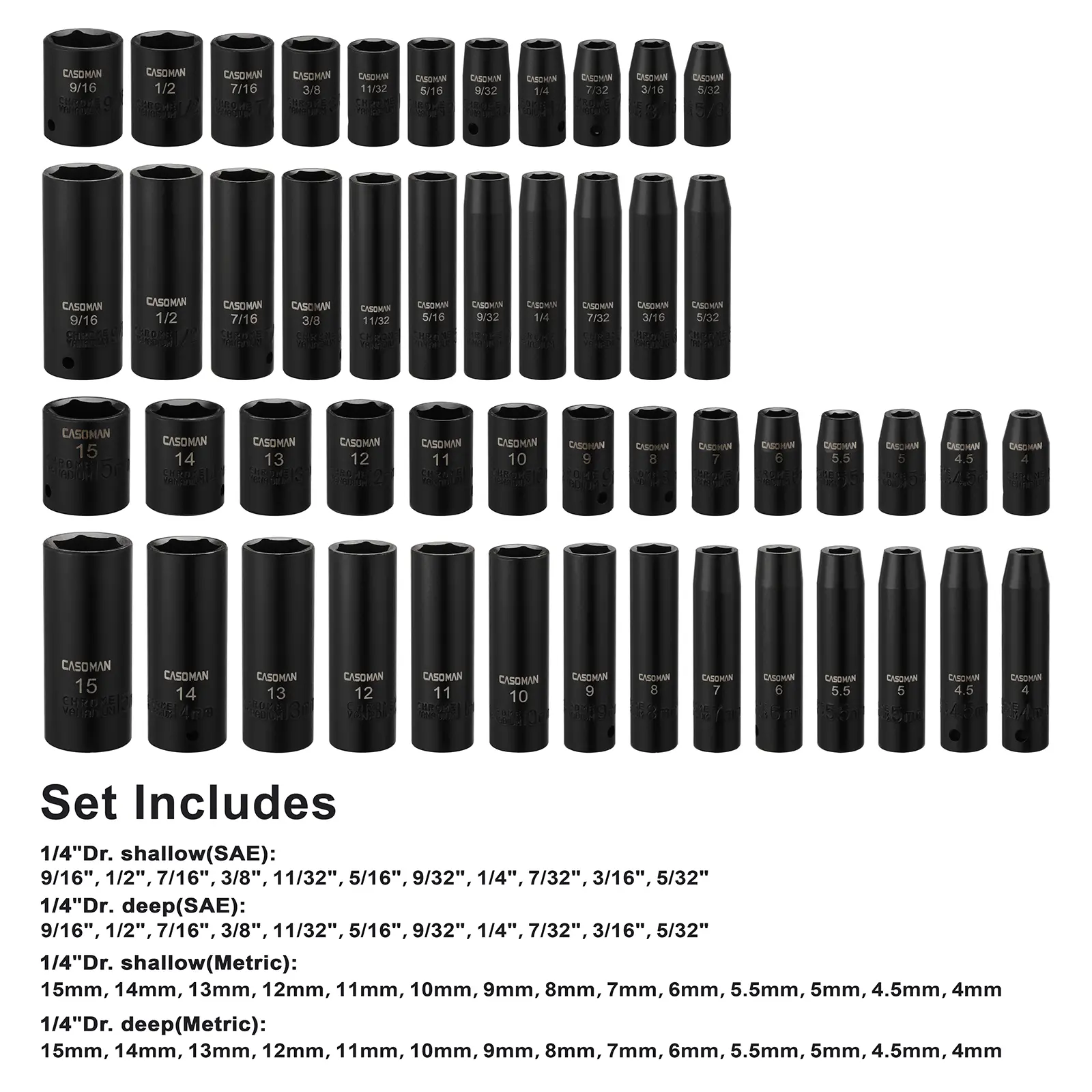 50PCS 1/4 Inch Drive Master Impact Socket Set,Metric/SAE,Deep/Shallow,6 Point,CR-V, 5/32 Inch - 9/16 Inch, 4mm - 15mm High Torque Tool