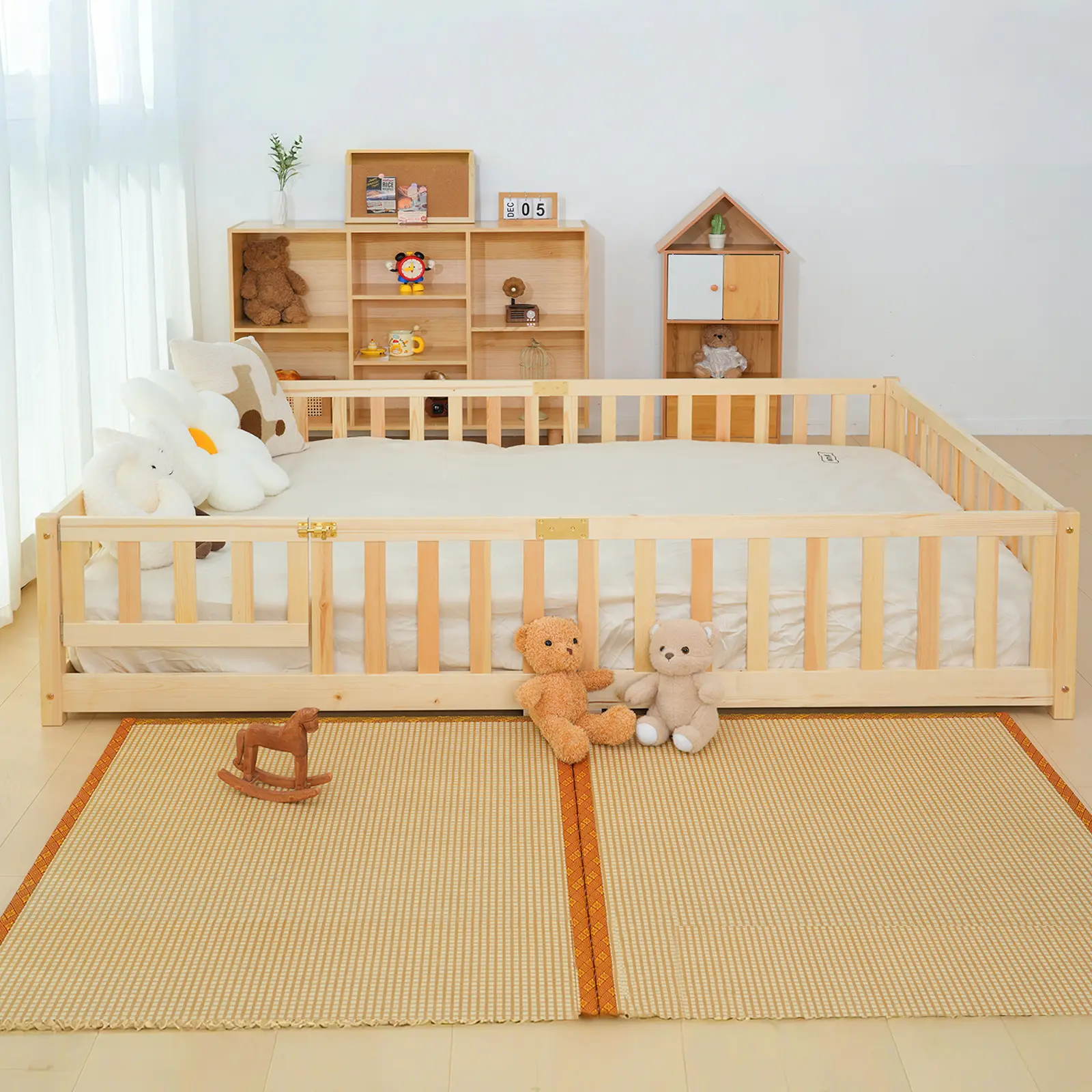 Twin/Full Size Montessori Floor Bed for Kids, Solid Wood Bed Frame with Fence, Door & Safety Guardrails, CPC Certified
