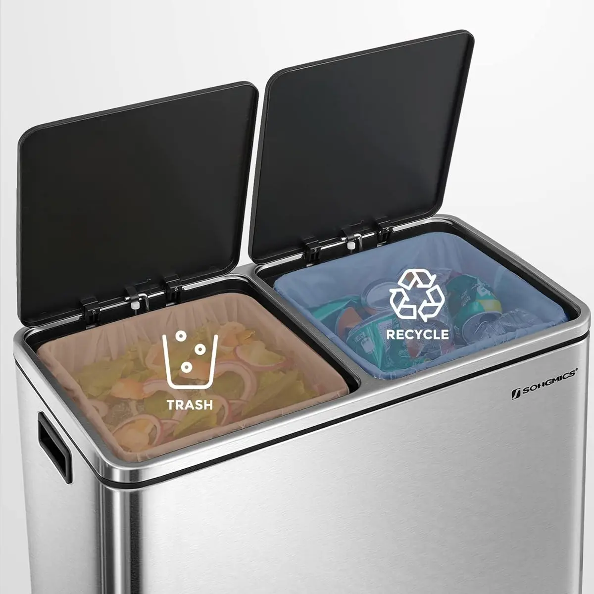 Stainless Steel Trash Can – Multi-Compartment with Plastic Inner Buckets, Hinged Lids & Soft-Close, for Kitchen or Garage