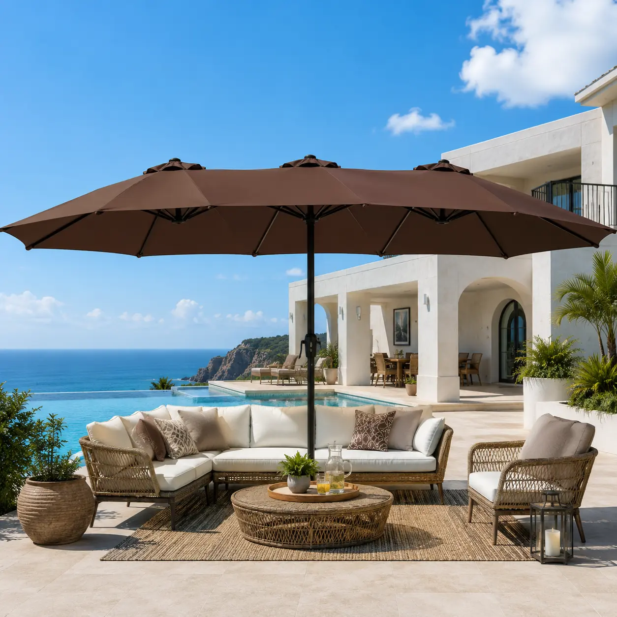 15FT Double-Sided Patio Umbrella – Large Outdoor Shade with 36 LED Lights, Crank System & Base Included for Patio, Pool & Backyard