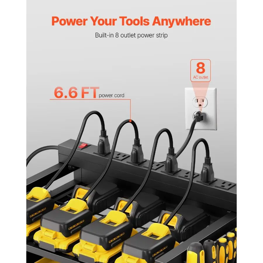4-Tier Heavy Duty Tool Organizer Cart with Built-in 8-Outlet Charging Station - Rolling Garage Storage Rack with Drill Holders & Wheels