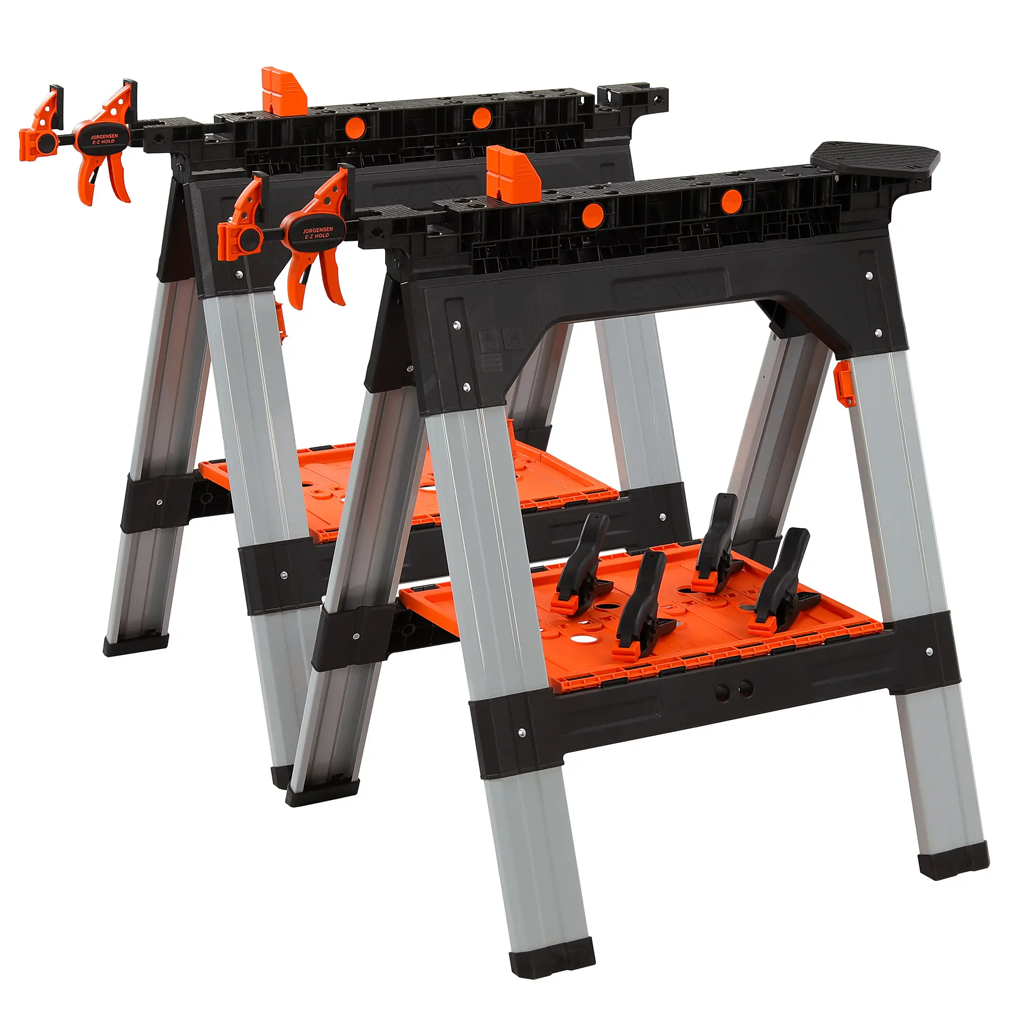 2-Pack Clamping Sawhorses, 1200 LBS Load Capacity, 30-3/4" Folding Sawhorse with 12” F Clamps, Bench Dogs, Angle Clamps, 2" Spring Clamps, Steel Legs, Heavy Duty for Woodworking