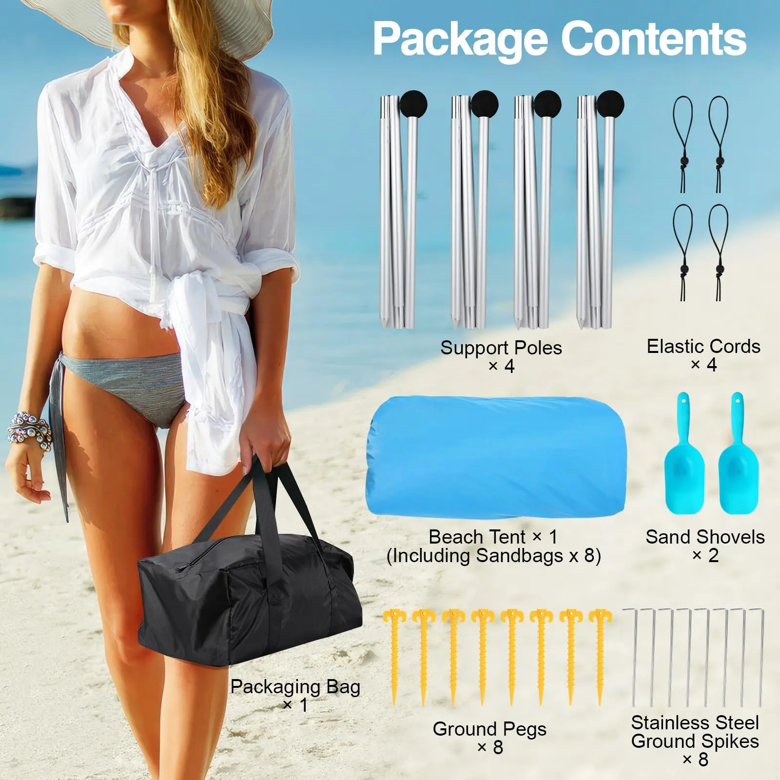 Beach Tent Sun Shelter, UPF 50+ Sun Shade Beach Canopy with 8 Sandbags & 4 Aluminum Poles, Large Portable Windproof Pop Up Beach Tent for Family Camping, Fishing, Backyard Picnic