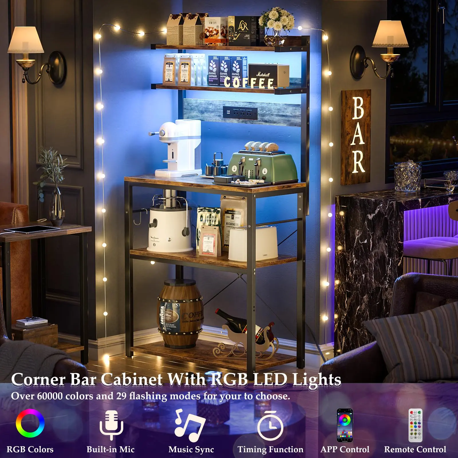 Bakers Rack with Power Outlet – 5-Tier Kitchen Storage Shelf with LED Lights, Microwave Stand & Coffee Bar Station