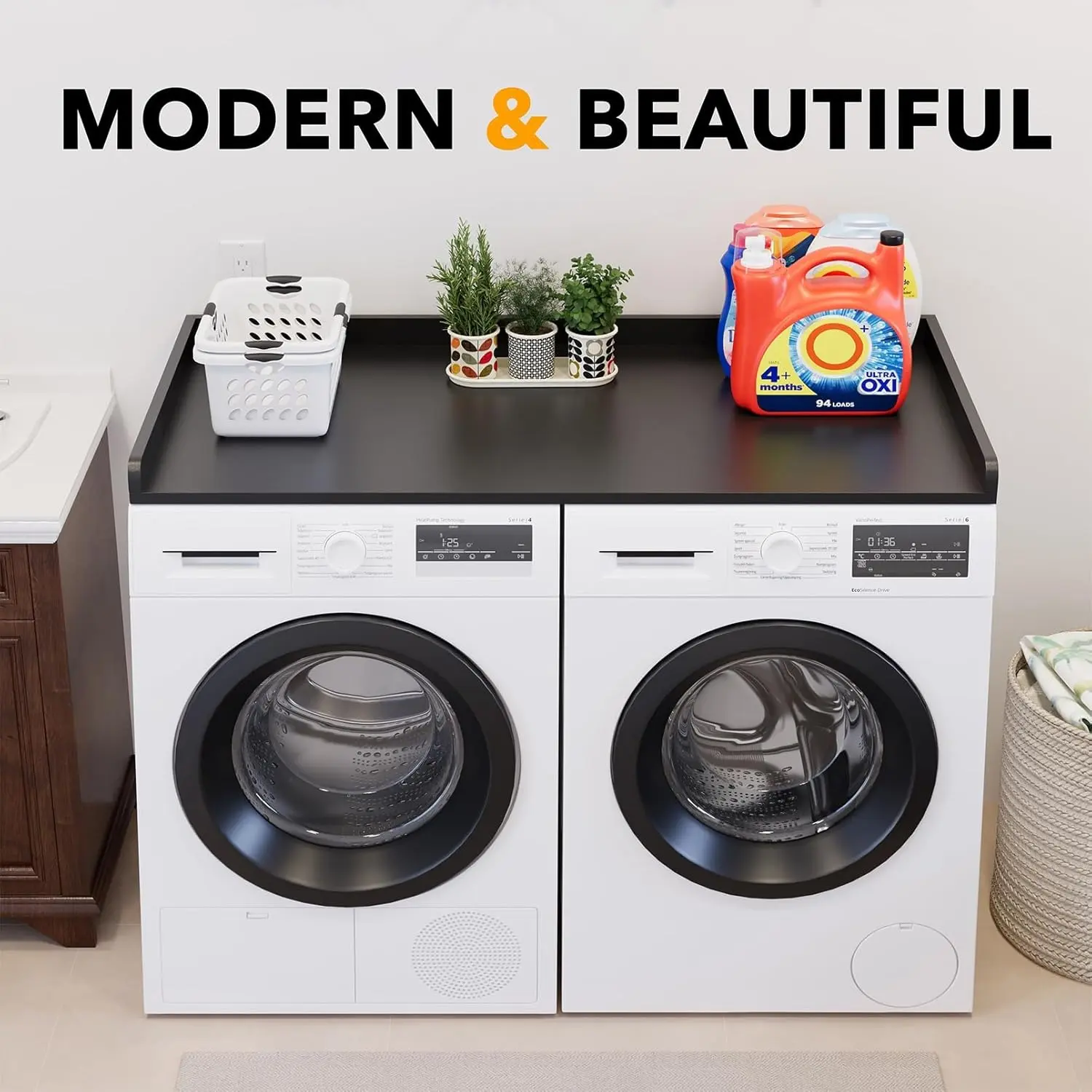 Washer Dryer Countertop, Laundry Wood Shelf Topper with Edge, 54" Width x 27.5" Depth Cover Guard Organizer for Washer and Dryer Laundry Hamper Counter Storage Organization
