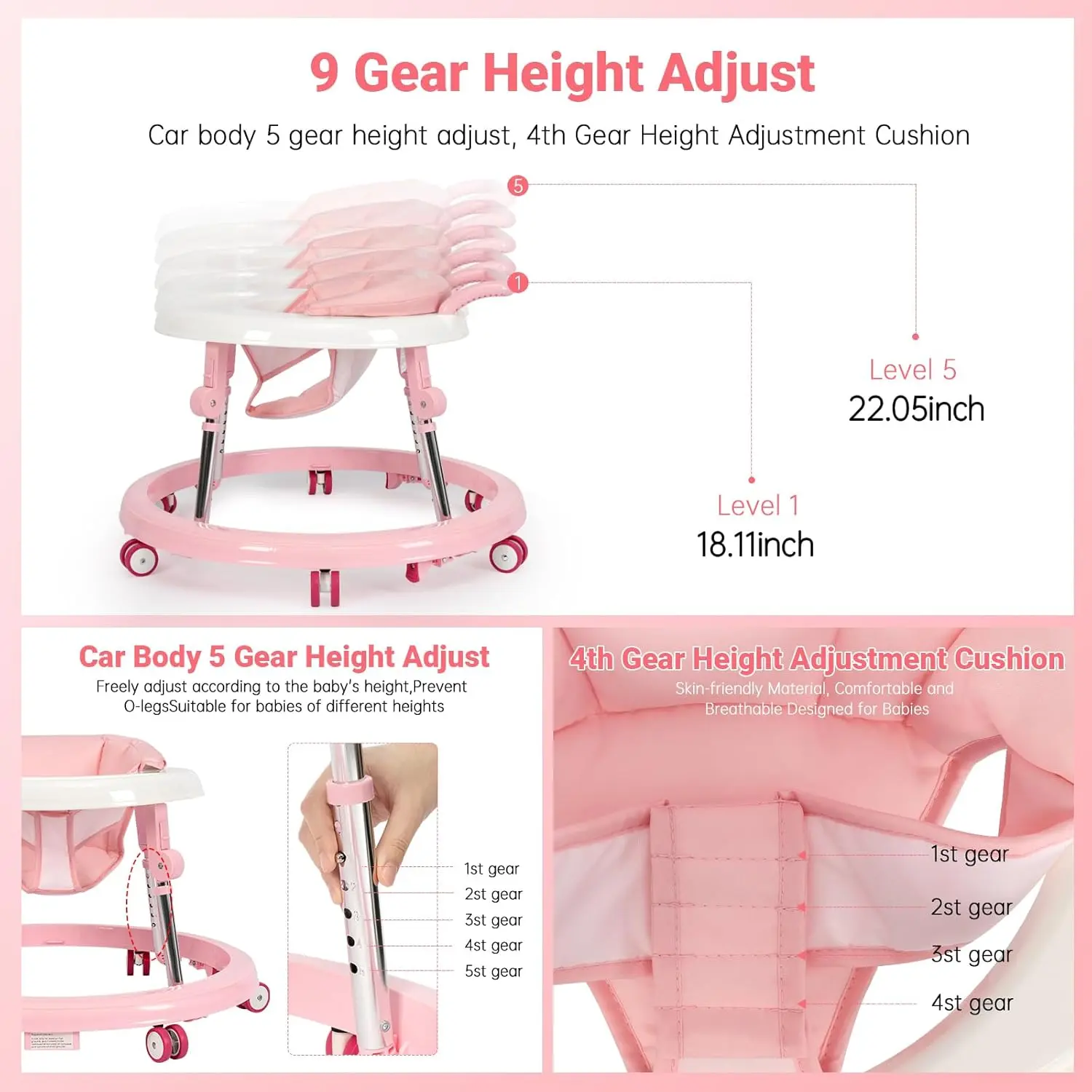 Baby Walker Foldable with 9 Adjustable Heights, Baby Walkers and Activity Center for Boys Girls Babies 7-18 Months, Baby Walker with Wheels Portable