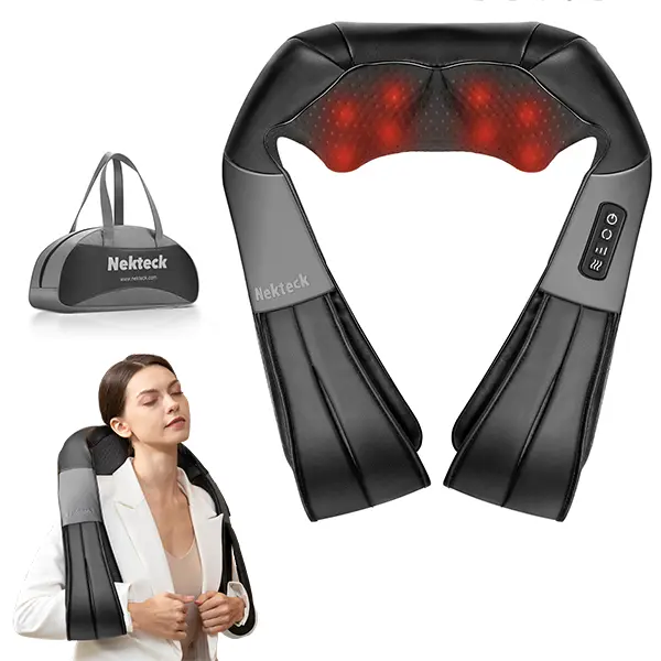 Shiatsu Neck and Back Massager with Soothing Heat, Ergonomic 8 Deep-Kneading Massage Nodes with Heat Electric Shiatsu Back Massager for Neck Shoulder & Body Muscle Relief Portable 12V DC Power Supply - Black