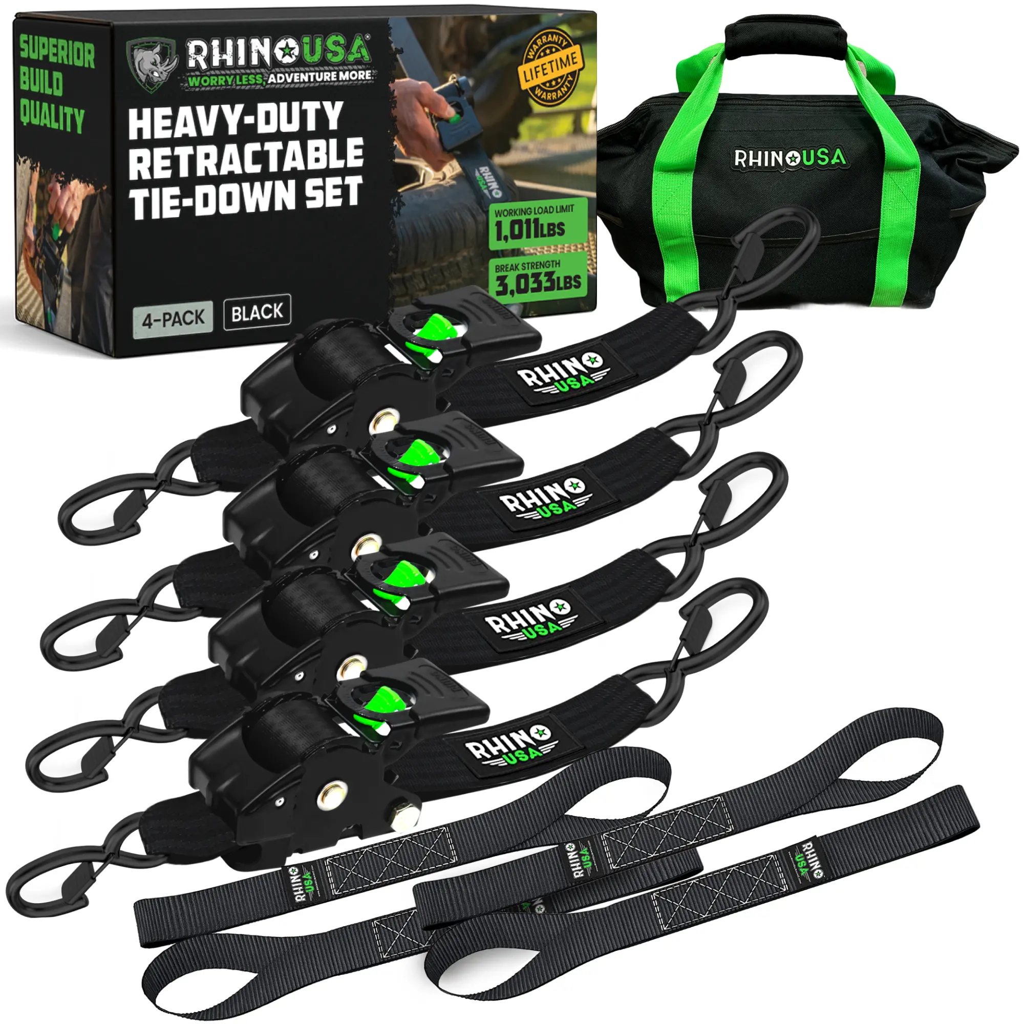2" x 10' Retractable Ratchet Straps 2- or 4-Pack - (3,033lb Break Strength) - Heavy Duty Self Retracting Tie Down Straps for Truck, Cargo Trailer