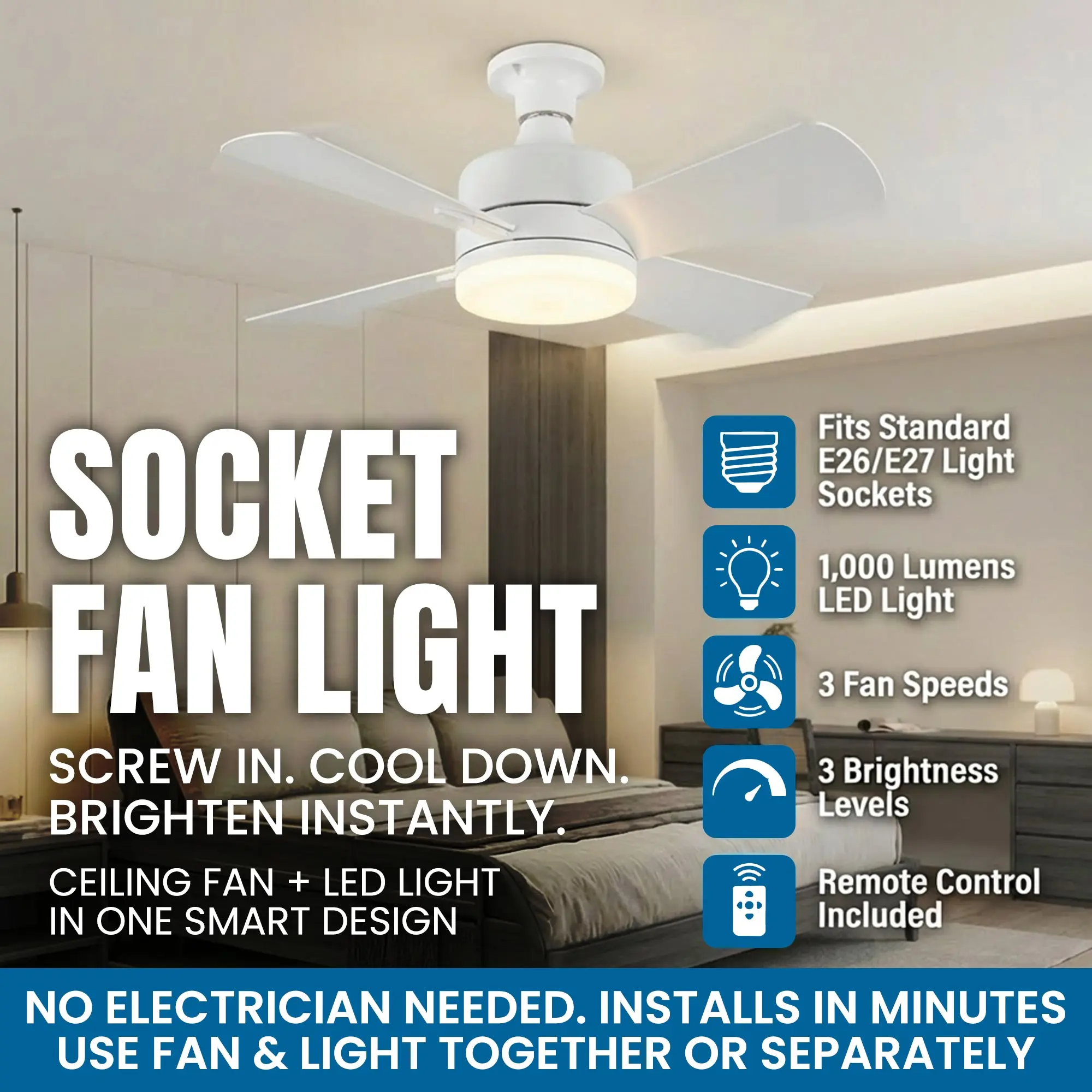Socket Fan - Remote Controlled Socket Ceiling Fan & Light