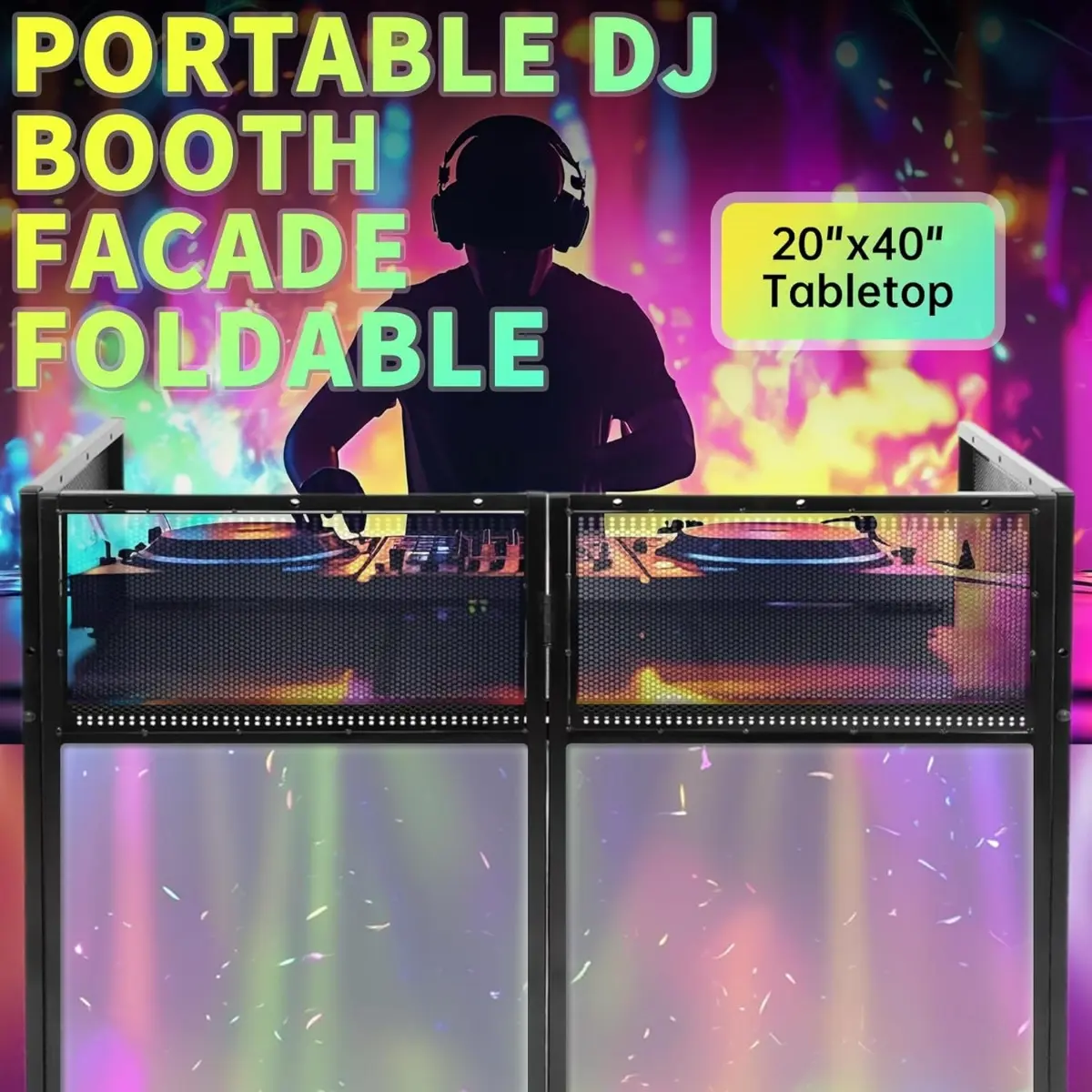 Portable DJ Booth Facade – Foldable DJ Table with Black & White Scrims, Carry Bag & Sturdy Metal Frame for Events