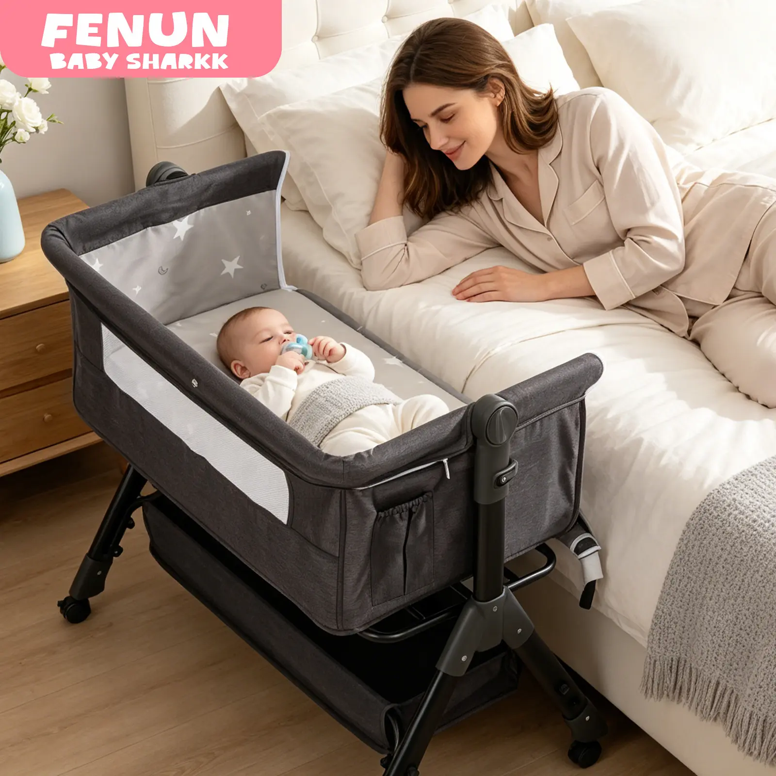 Baby Bassinet, Crib for Infant and Newborn, Bedside Sleeper with Storage Basket and Mosquito Net, Easy to Fold, Height Adjustable, Portable Side Bed Crib portable Baby Furniture