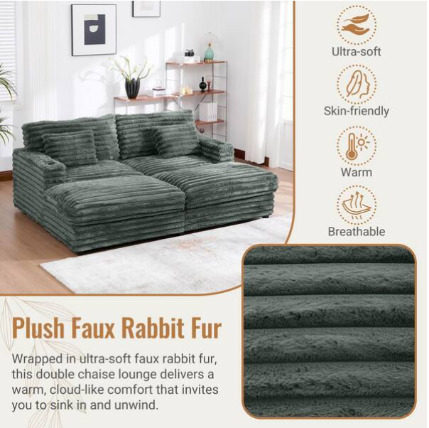 86" W Deep Seat Loveseat Sofa Chaise Daybed Oversized Love Seat TV Couch, Living Room Sleeper Napping Sofabed Fluffy Corduroy Upholstered Sofa&Couch with 4 Pillows for Home/Apartment