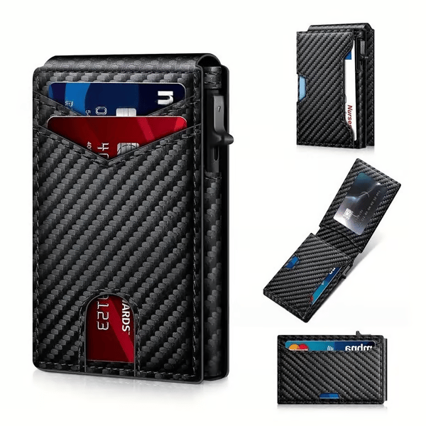 Slim Wallet for Men with Pop-Up Aluminum Case, RFID Blocking | Minimalist Leather Bifold Card Holder