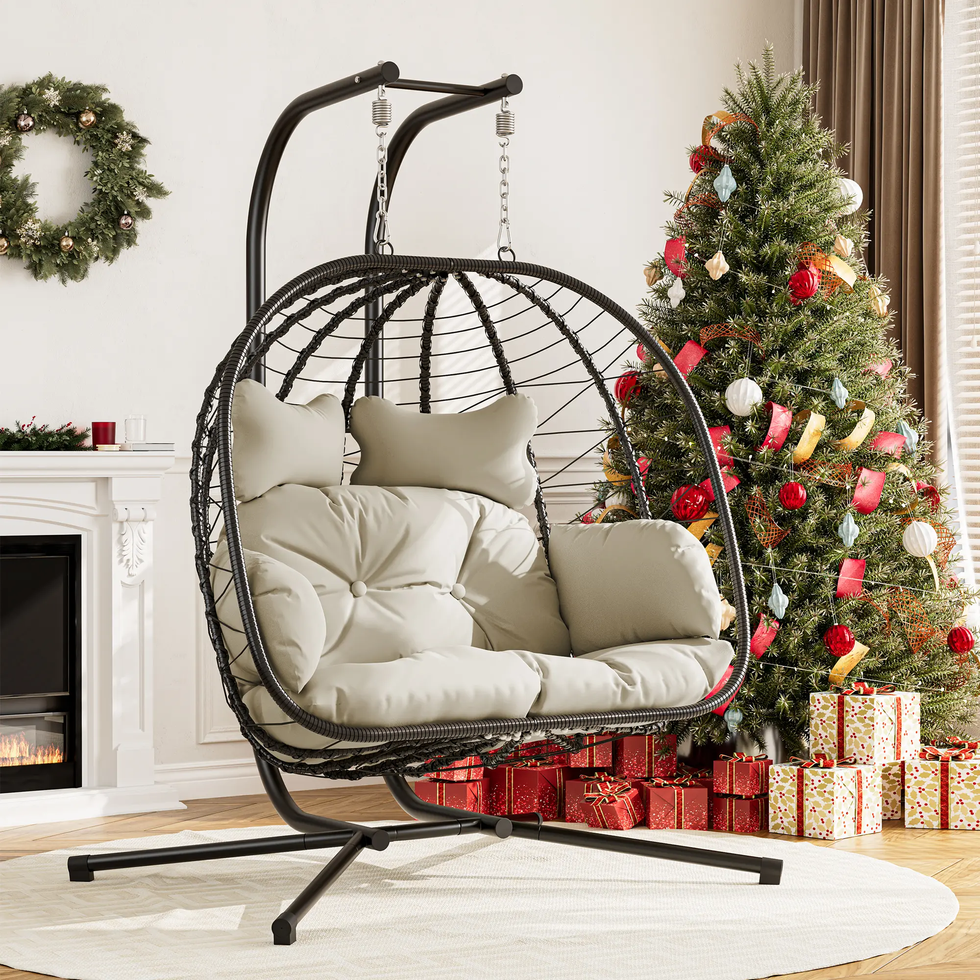 Double Hanging Egg Chair – Foldable Wicker Patio Swing with Cushions, Rust-Resistant Frame & 700 lb Capacity