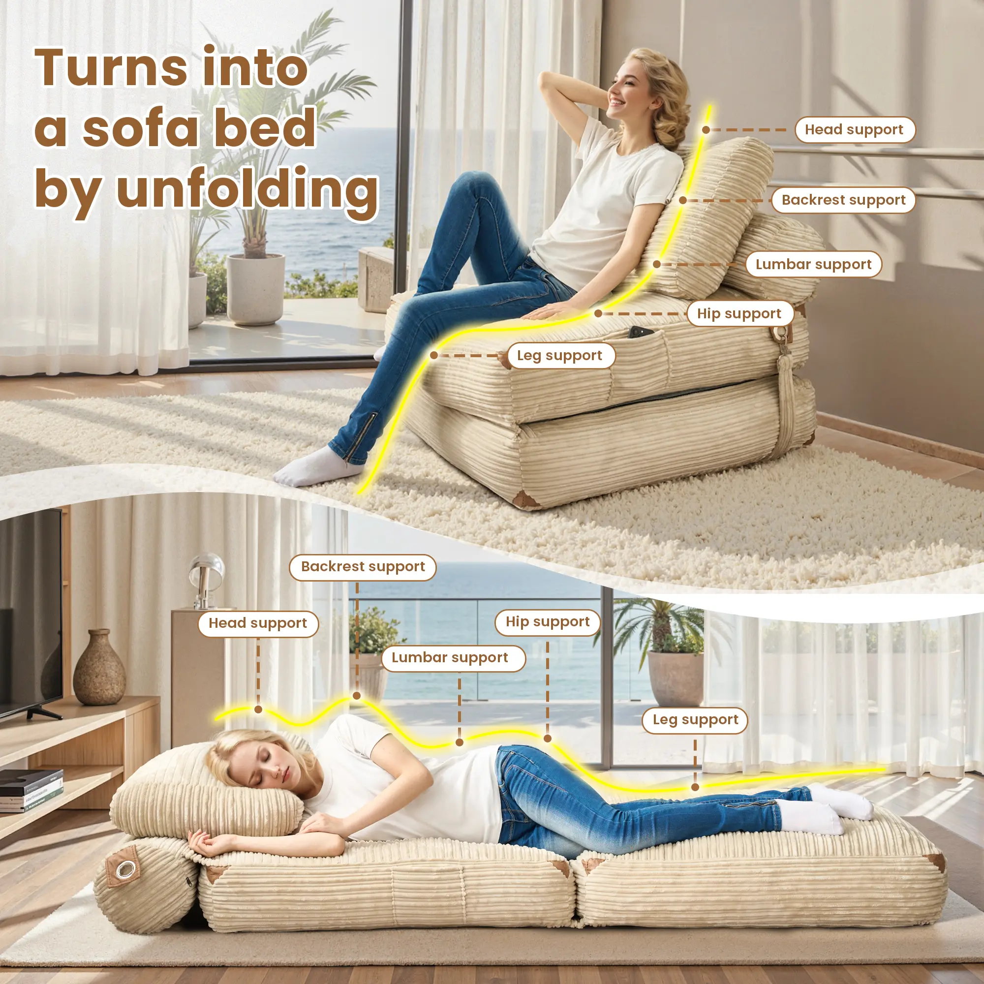 Foldable Cloud Sofa Bed,Convertible Sleeper Chair with Pillow Foldable Mattress with Back Support, Portable Fold Out Chair Bed Comfy Floor Sofa Lounge for Living Room Bedroom