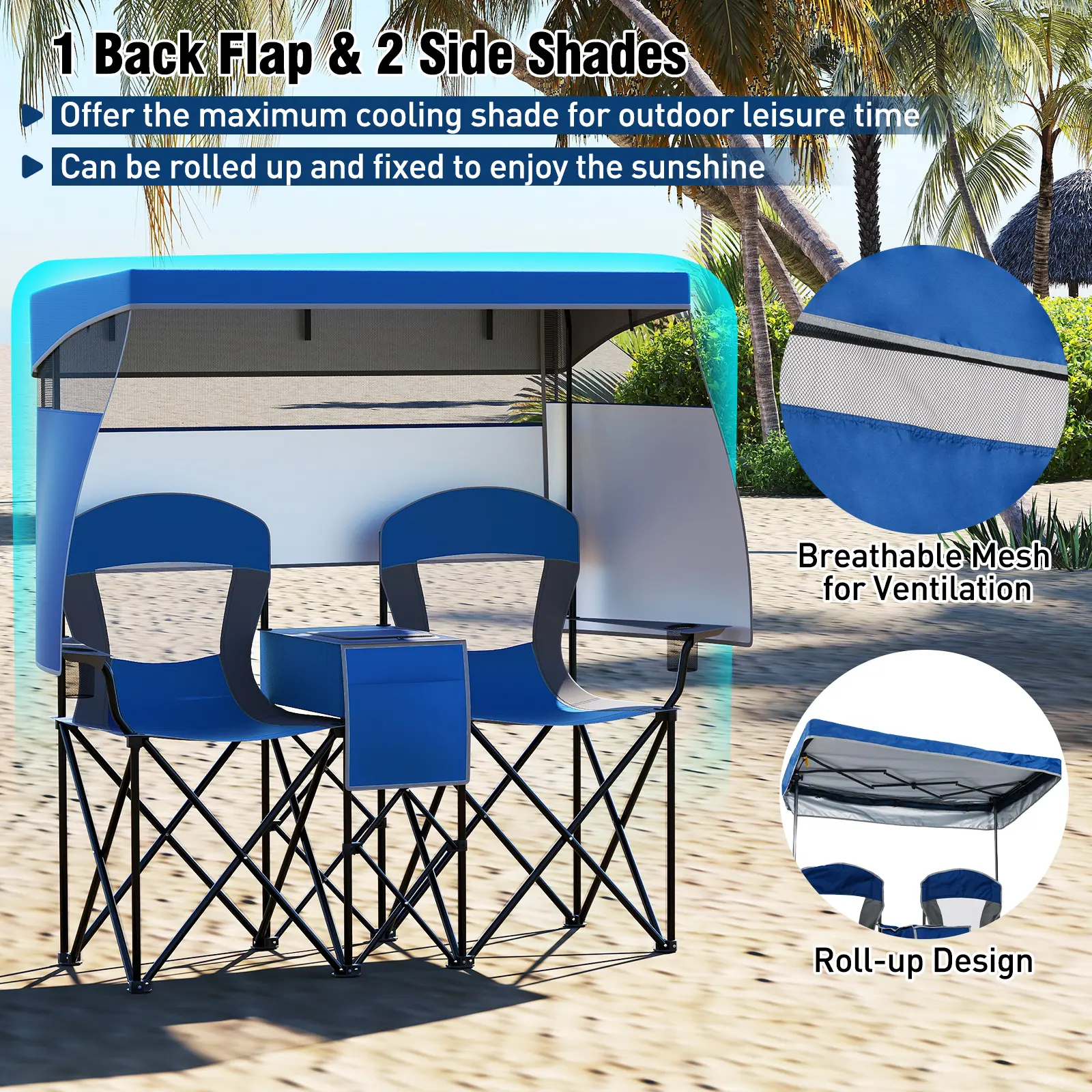2-Person Portable Camping Chair with Roll-Up Shade & Cooler Bag