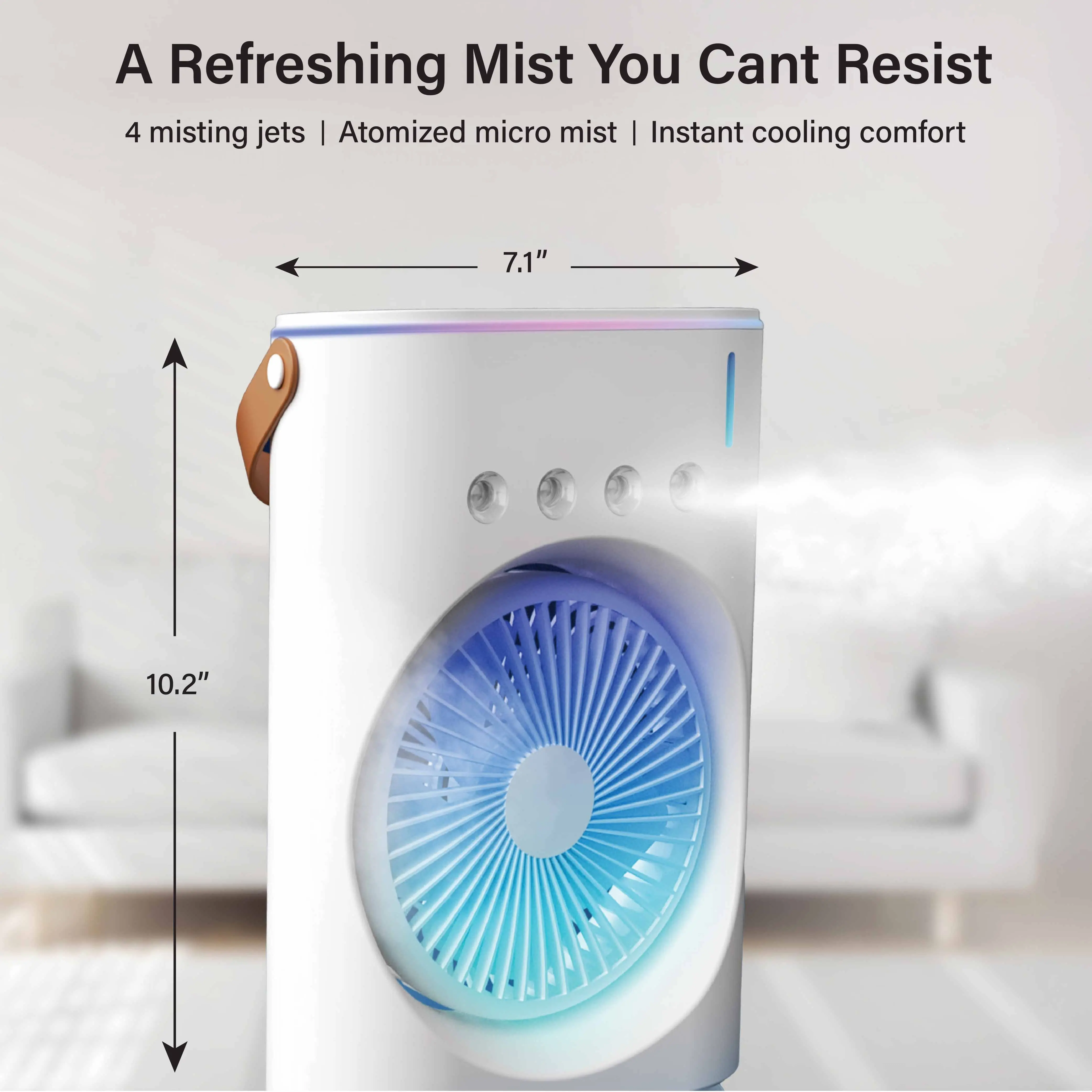 Cool Misting Fan, Remote Controlled, Oscillating, USB-C Rechargeable, Color Changing, Lightweight, Portable