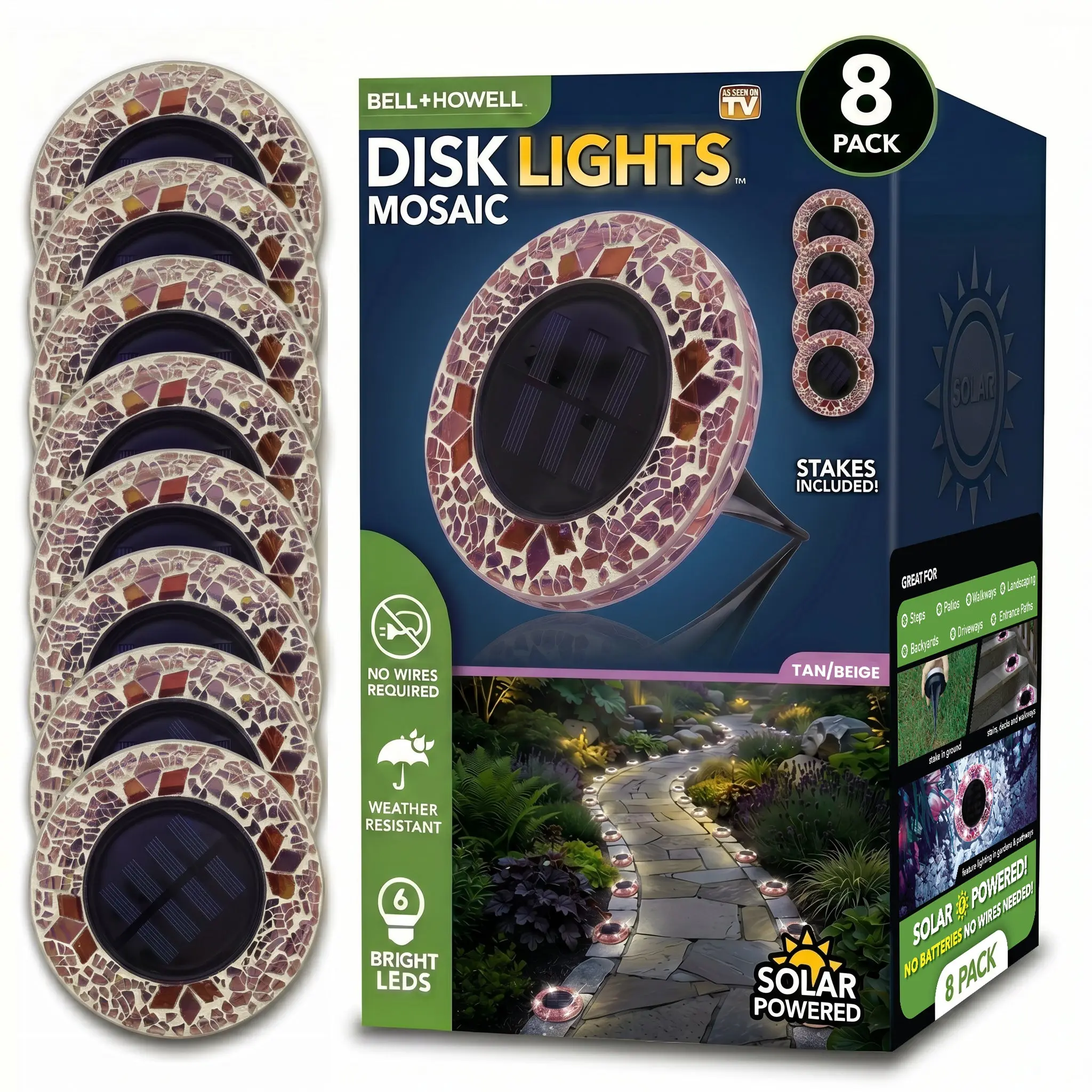 Solar Outdoor Mosaic Disk Lights, Waterproof Decorative Pathway LED Light, Auto On/Off