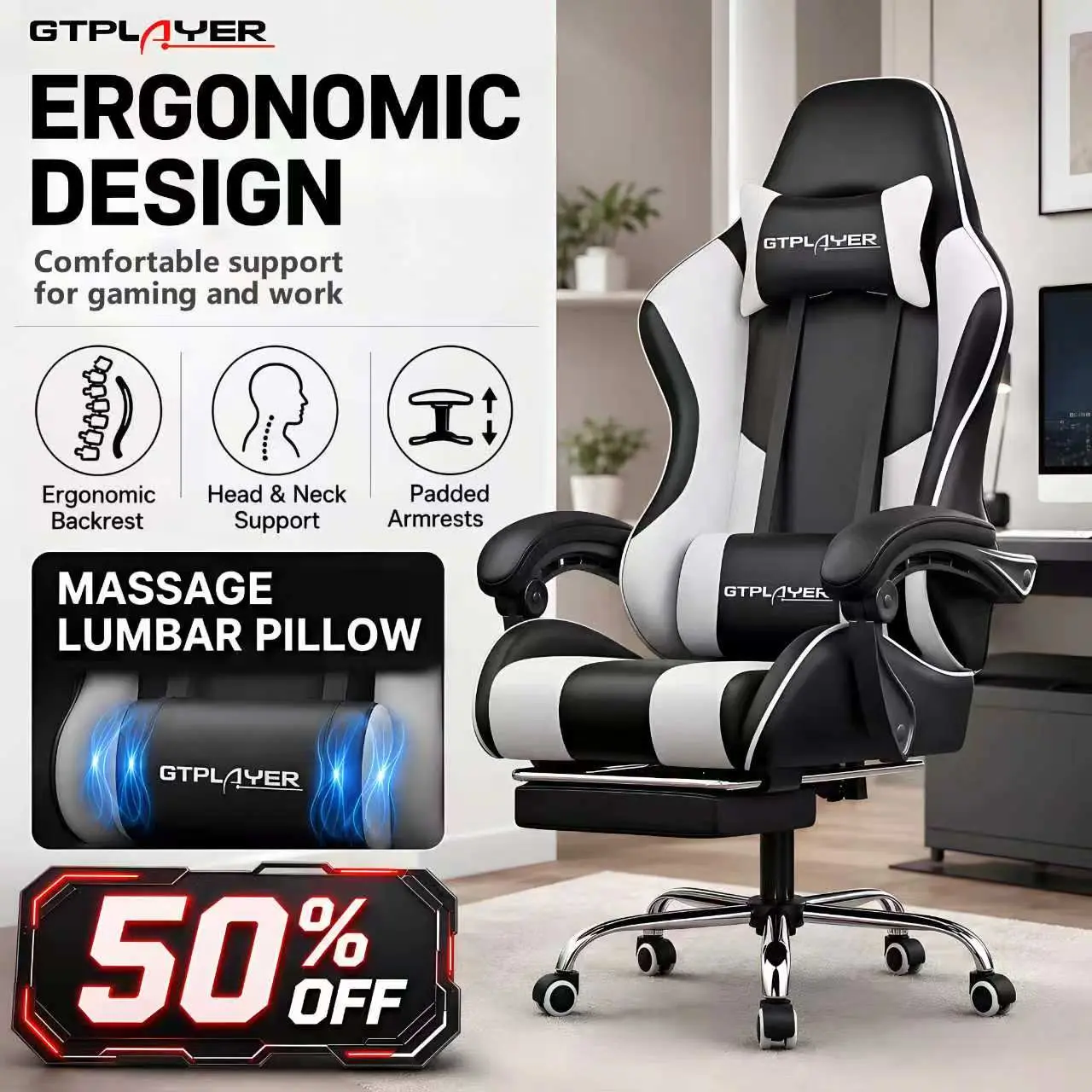 PU Leather Computer Gaming Chair - Ergonomic 360° Swivel Office & Man Cave Furniture with Padded Arms, Footrest, Lumbar Support, Headrest, Height Adjustment (Pearl White)