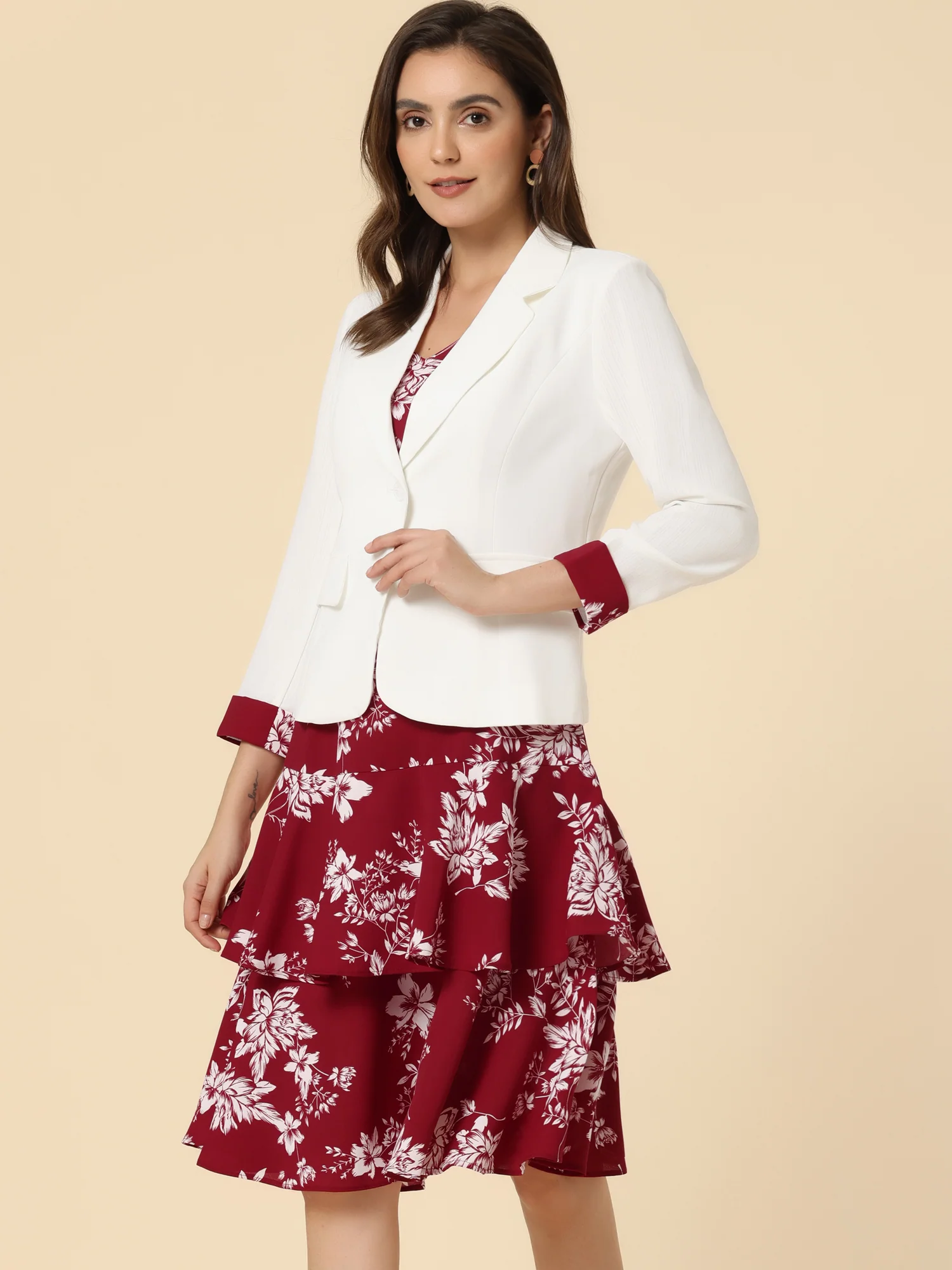 Work flower Print Contrast Panel 2pc Sets Chiffon V Neck Jacket Dress