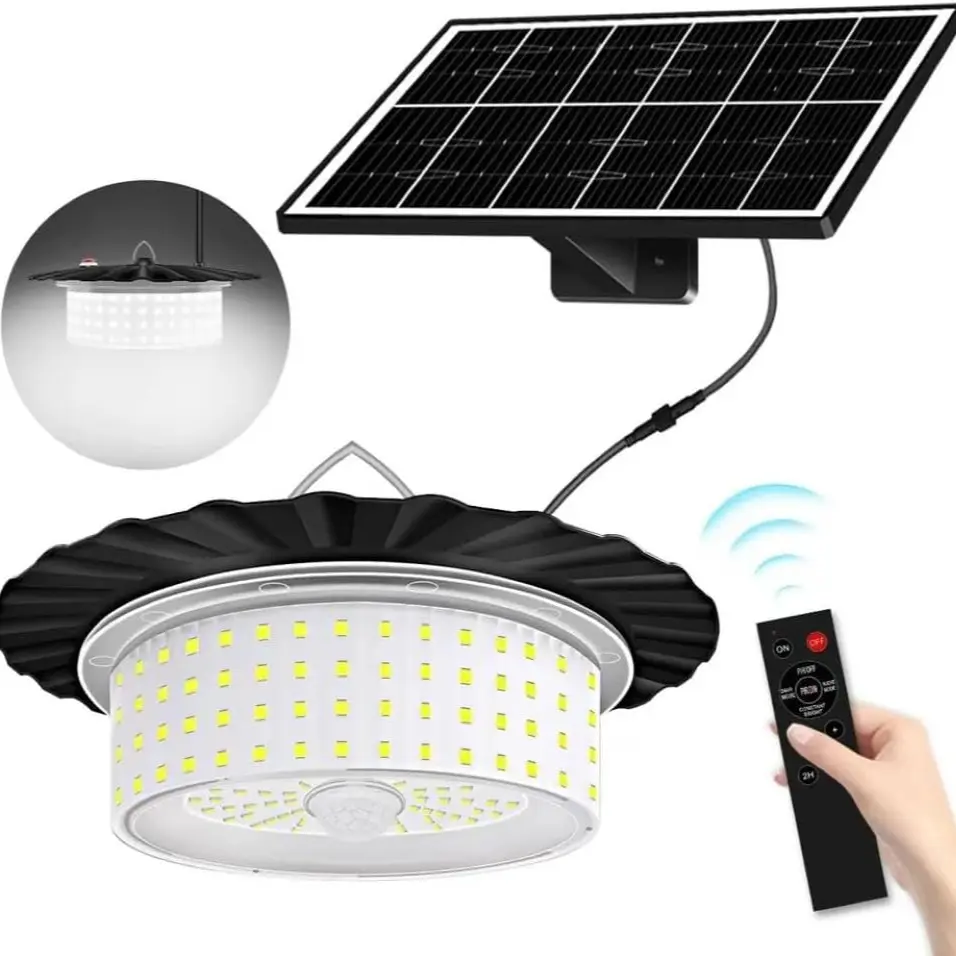 Solar Light Outdoor Motion Sensor Lights, 360° Lighting Waterproof Solar Powered Pendant Light with Remote Control for Home, Shop, Garage, Patio, Yard
