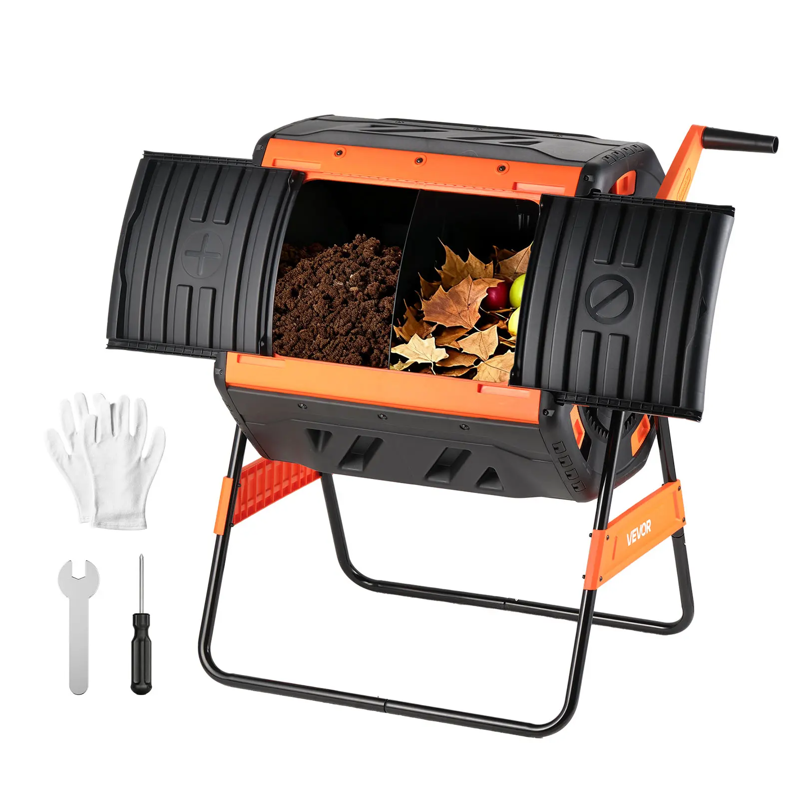 VEVOR Compost Tumbler, 53 Gallon Dual Chamber Outdoor Tumbling Composter with 2 Sliding Doors and Aeration System, Large Easy-Turn Rotating Composting Bin for Outside, Garden, Kitchen, and Yard Waste