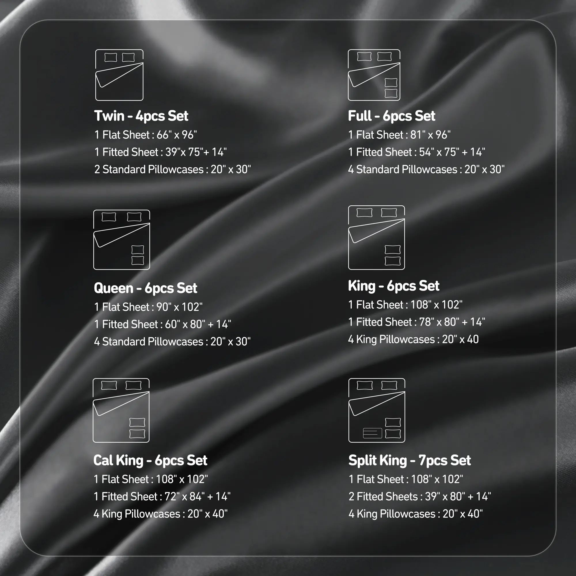 6 Piece Solid Color Satin Sheets Set