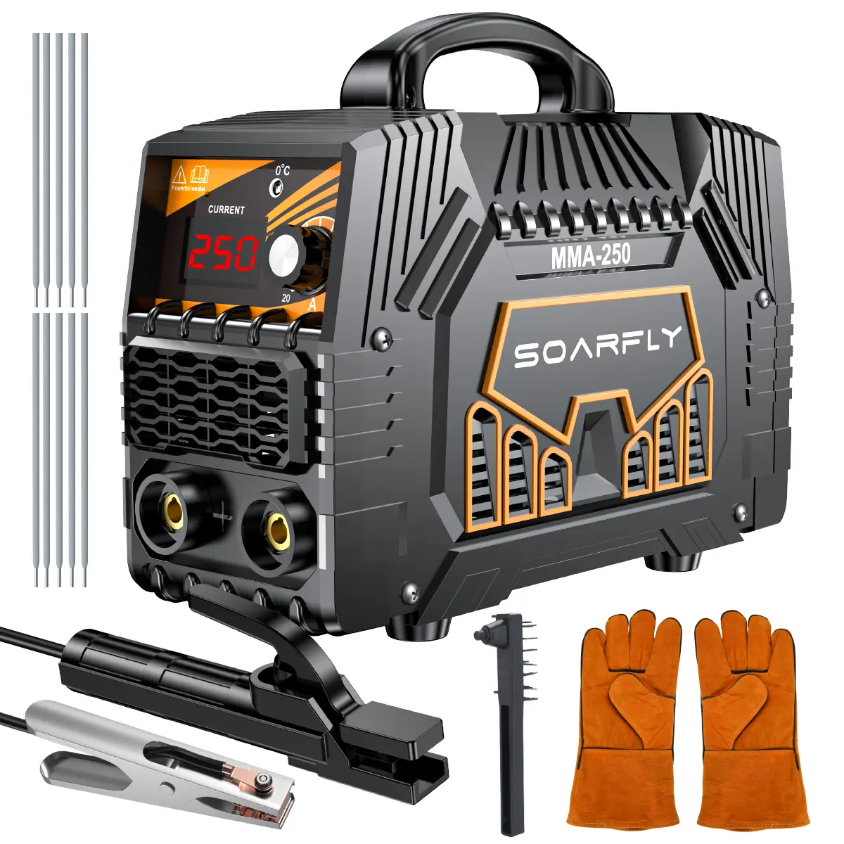 110/220V 250A Welder Machine With Large LED Display, 5000 Watt Mini-Welder With Electrode Clamps, Earth Clamp, Wire Brushes, Rods And Gloves