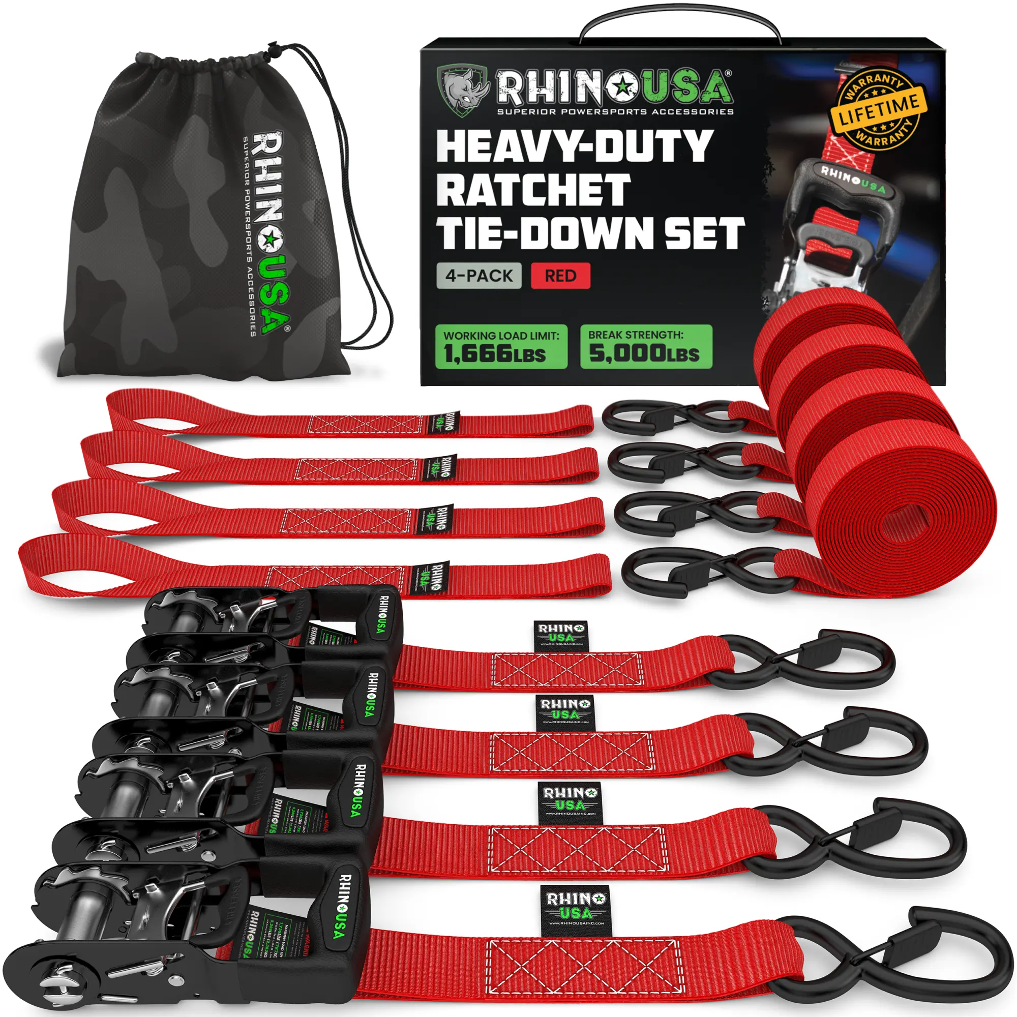 TRADITIONAL Ratchet Straps Heavy Duty Kit - 1.6 Inch x 8ft -15ft (5,208lb Break Strength) 2-4 pack