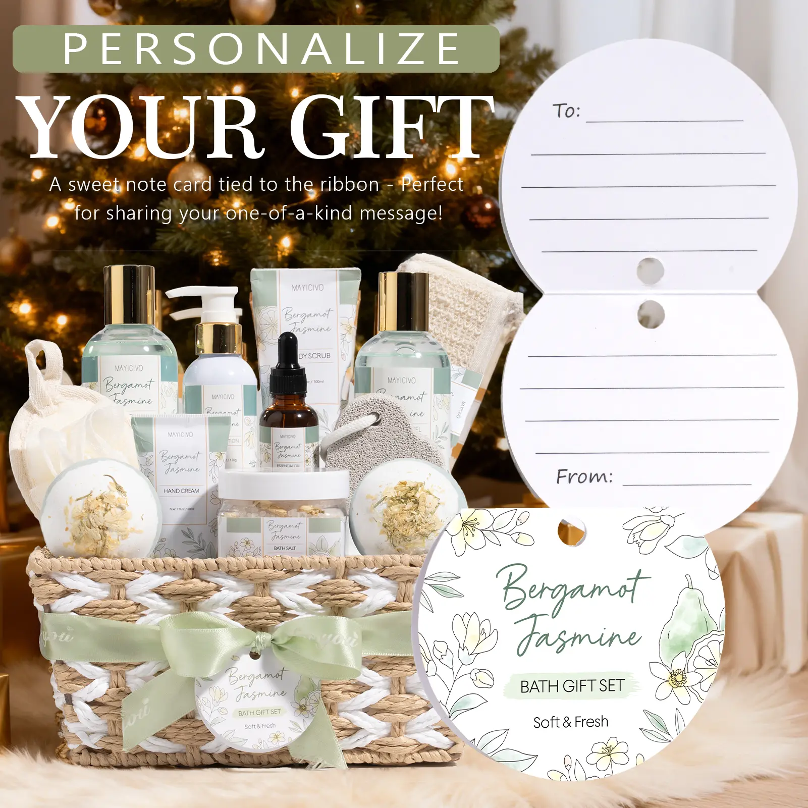 Valentine's Day Gifts for Women, Bergamot Jasmine Relaxing Spa Gift Baskets for Women Self Care Package Bath Gift Set, Home Bath and Body Kit