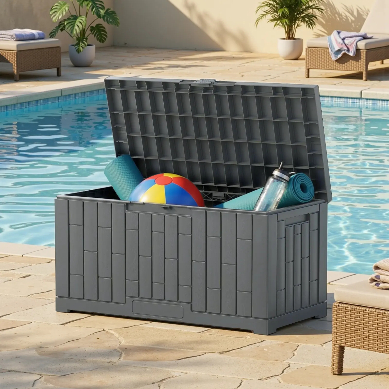 60 Gallon Outdoor Storage Box – Waterproof Lockable Resin Deck Box for Patio Cushions & Garden Tools