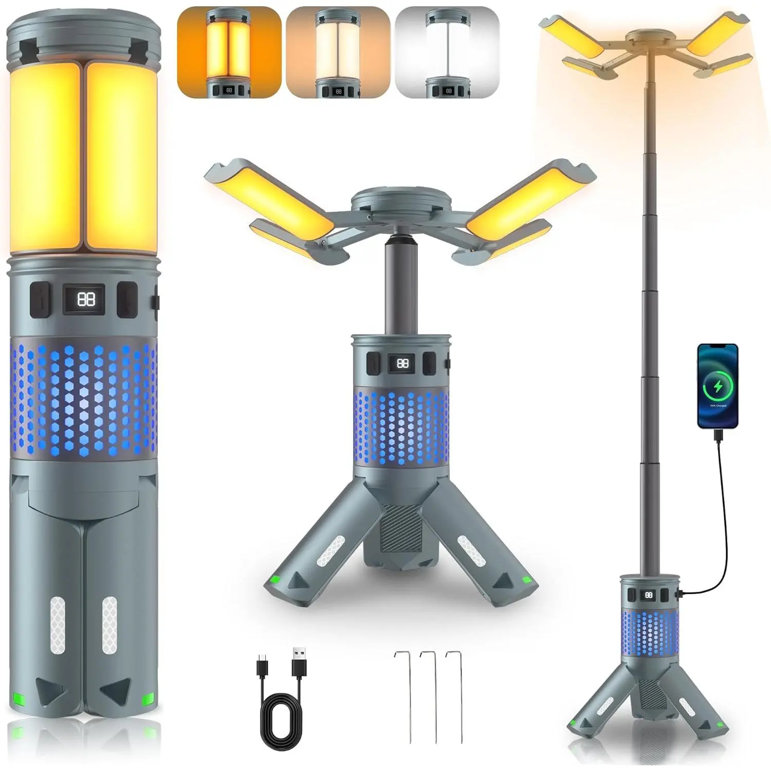 Portable Tent Light — Rechargeable, Retractable Tent Light with Stand (12,000 mAh) — Lighting Equipment
