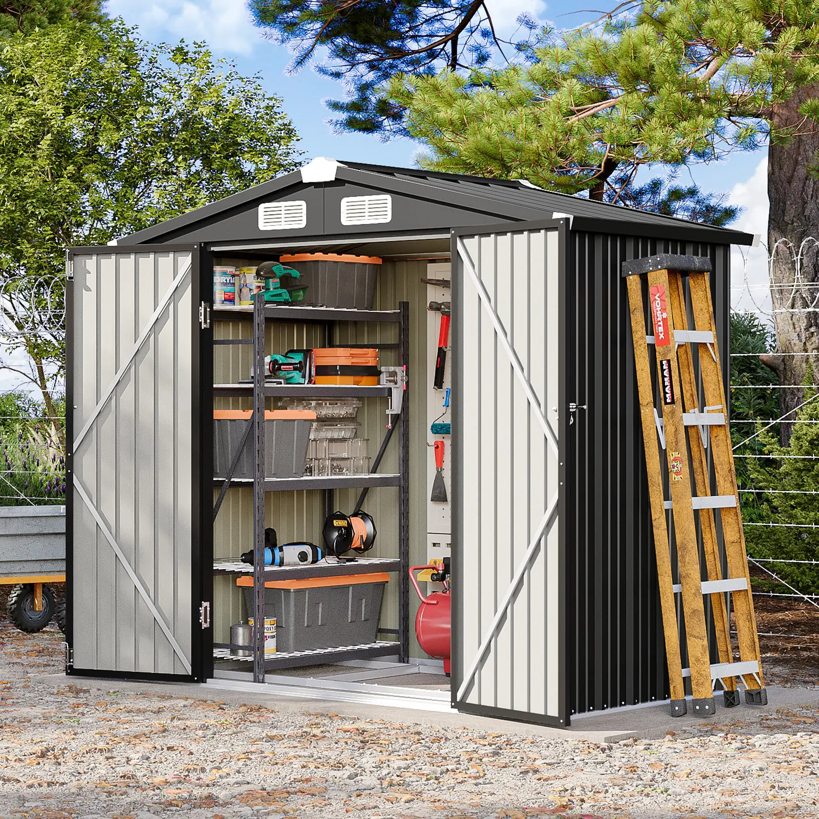 Outdoor Storage Shed Metal Garden Tool Shed with Sloping Roof Lockable Door for Patio Lawn Backyard Black Organizer for Garden Tools & Shelf Organization
