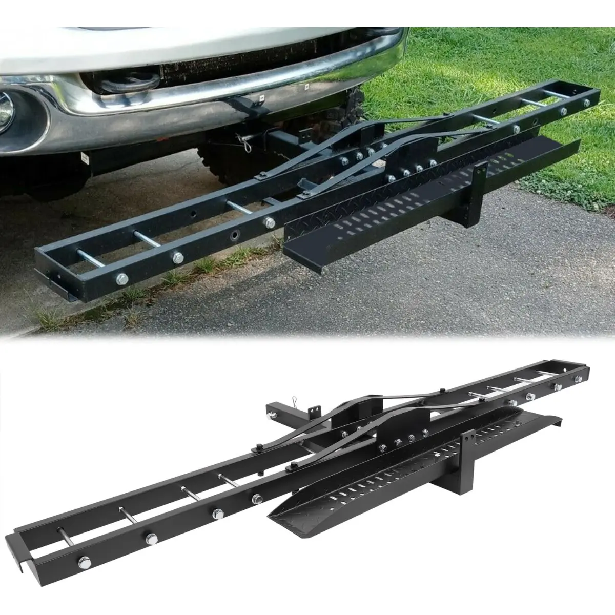 Heavy-Duty Motorcycle Carrier – 600 lb Hitch Mount Rack with Loading Ramp & Anti-Tilt Design for Secure Transport