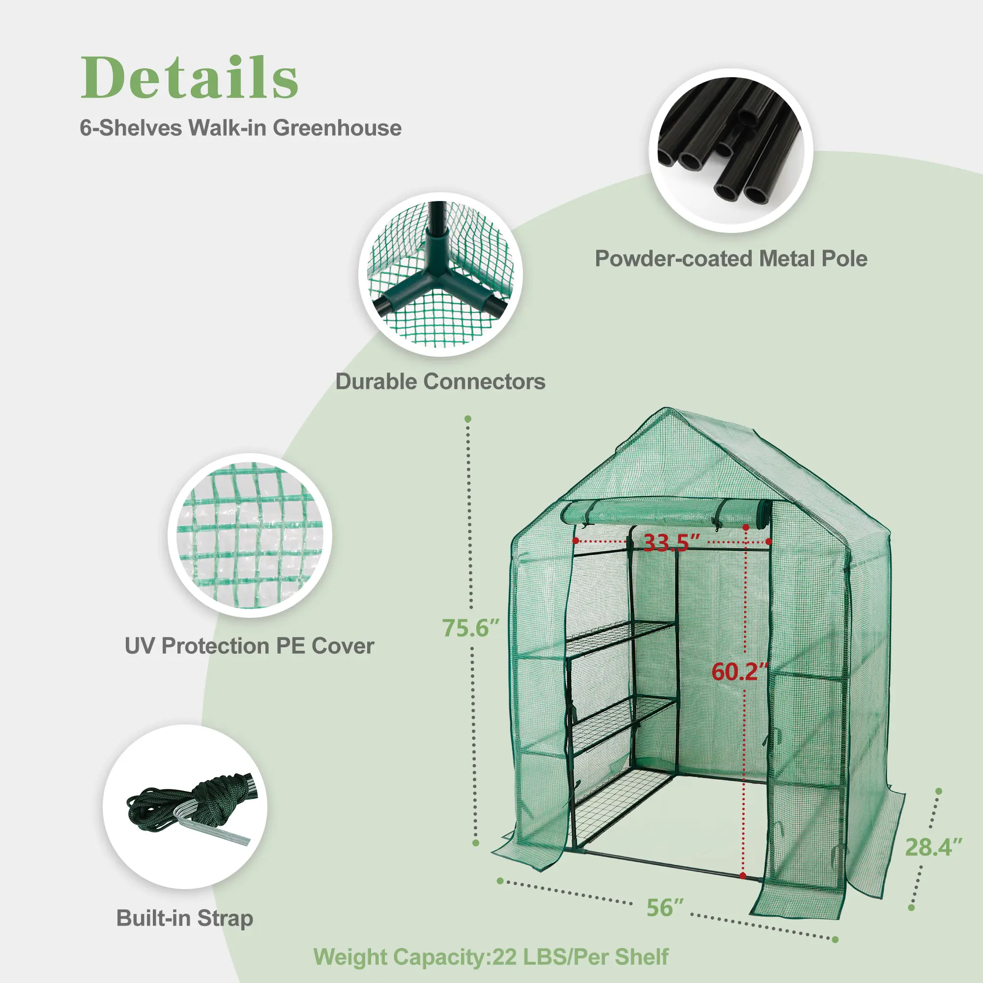 Portable Walk-In Greenhouse with Roll-Up Zipper Door PE Cover Greenhouses for Garden, Backyard - Three Sizes