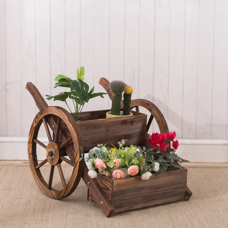 2-Tier Wooden Wagon Planter Box