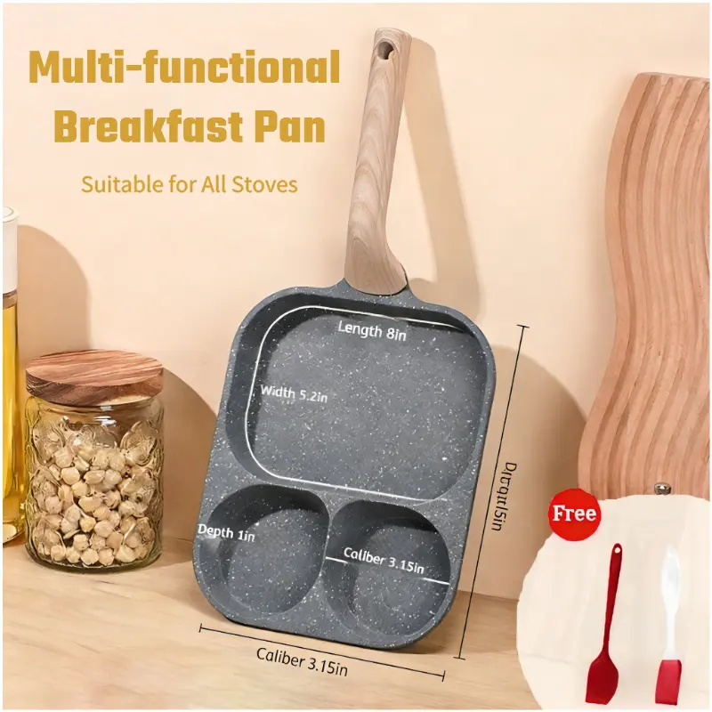 Non-stick Egg Frying Pan, 3 Holes Skillet With Handle, Nonstick 3-In-1 Divided Grill Pan - Multi-Use Egg Cooker, Omelette/Pancake Pan with Steak Function, Gas/Induction Compatible + Free Oil Brush & Scraper，Easy Clean，Breakfast Gadget，Family-Safe，