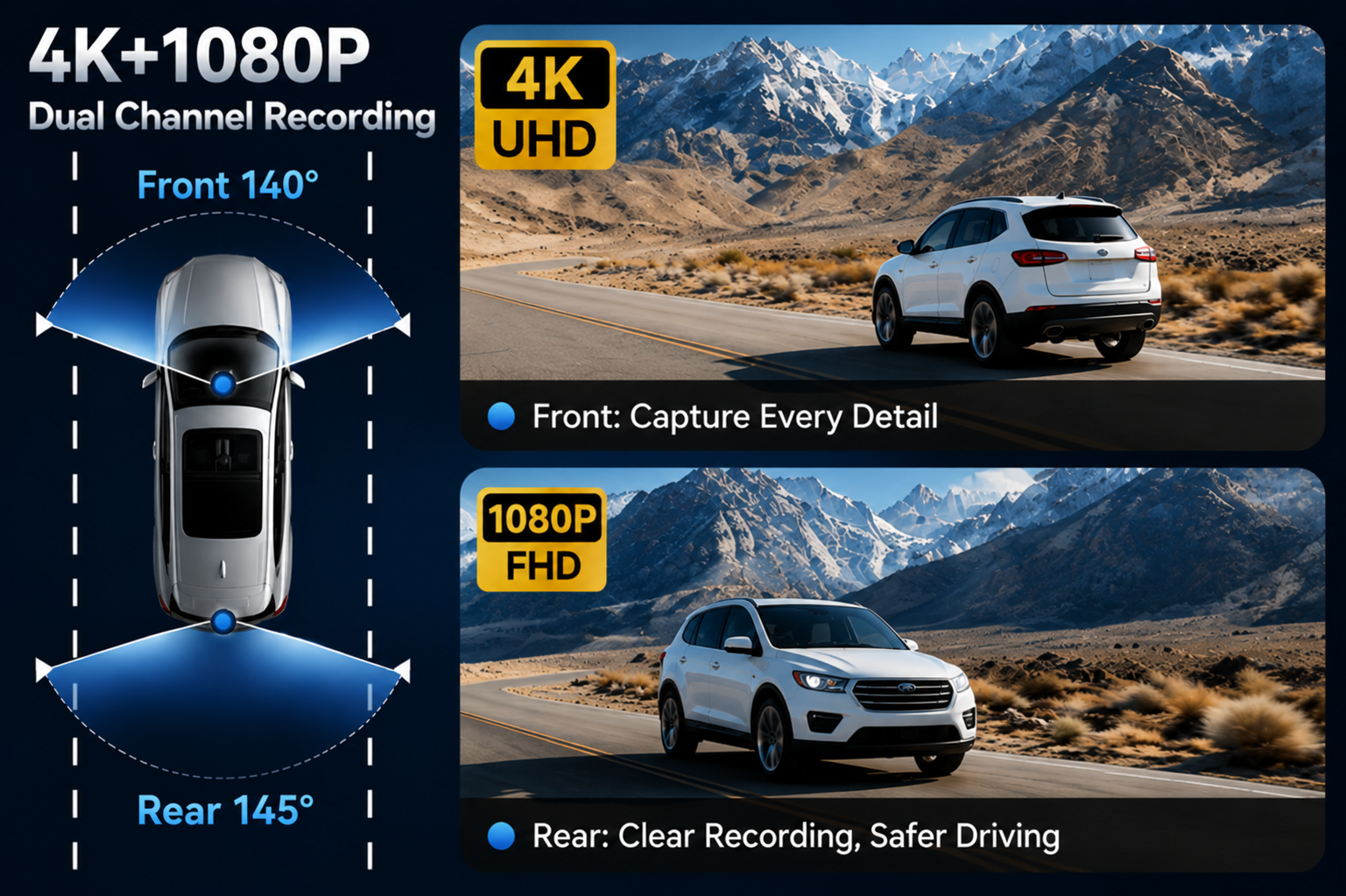 4K dash cam with WiFi and rear camera