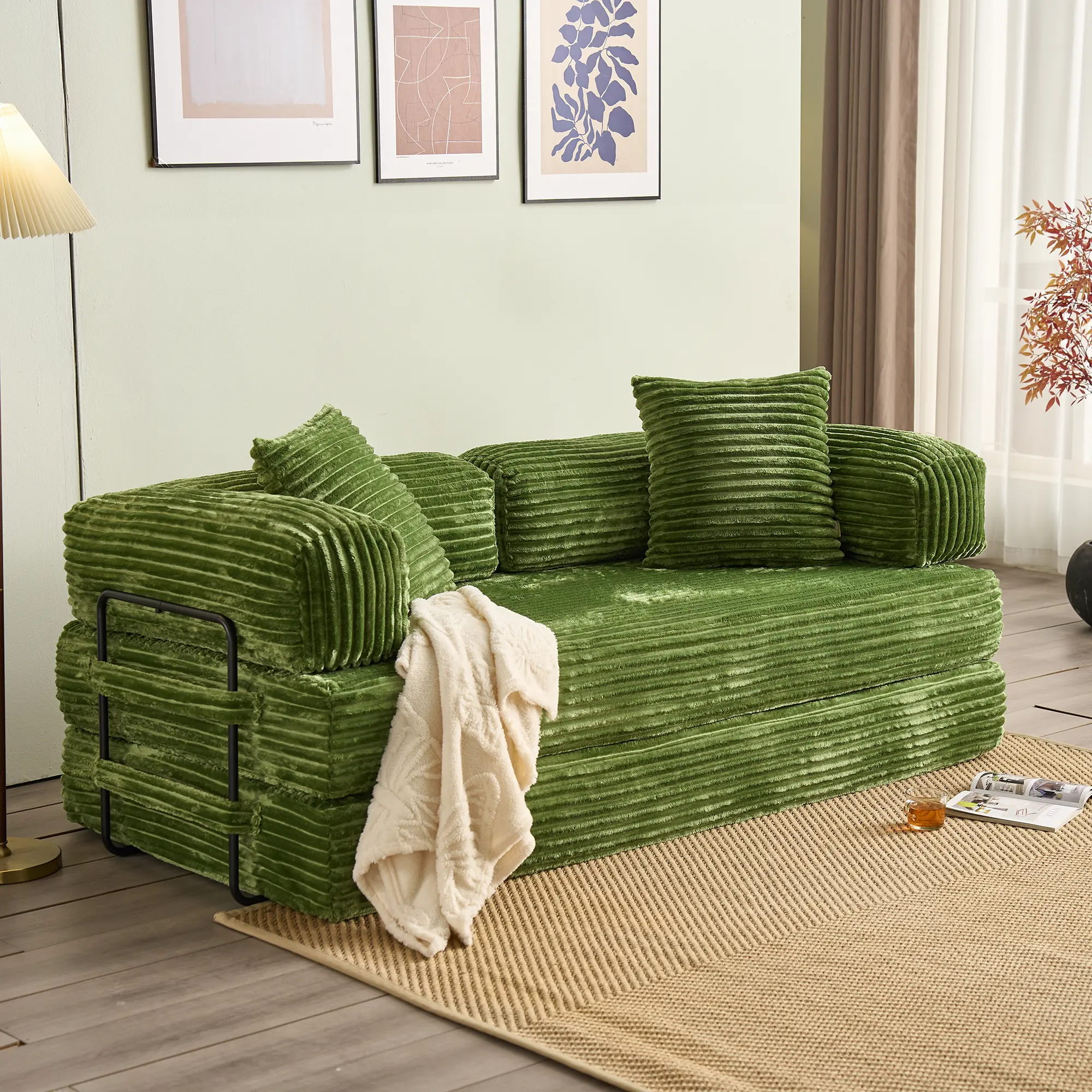 80"Oversized Boneless Couch, 5-in-1 Convertible Sleeper Sofa Bed, Deep Seat Corduroy Modular Floor Sofa, Foldable Pull-Out Couch for Living Room, Apartment,No Assembly