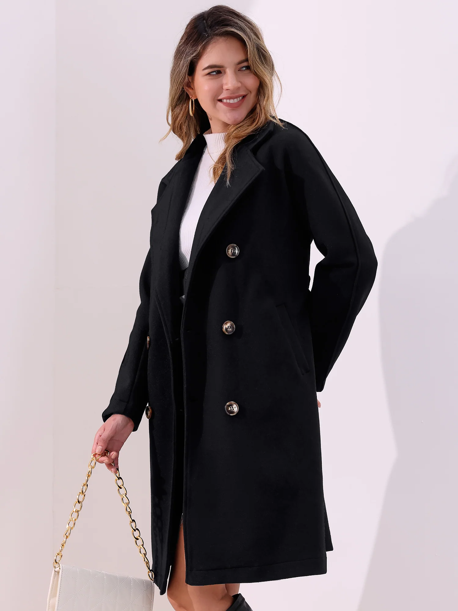 Solid Color Notched Lapel Double Breasted Belted Long Pea Coat