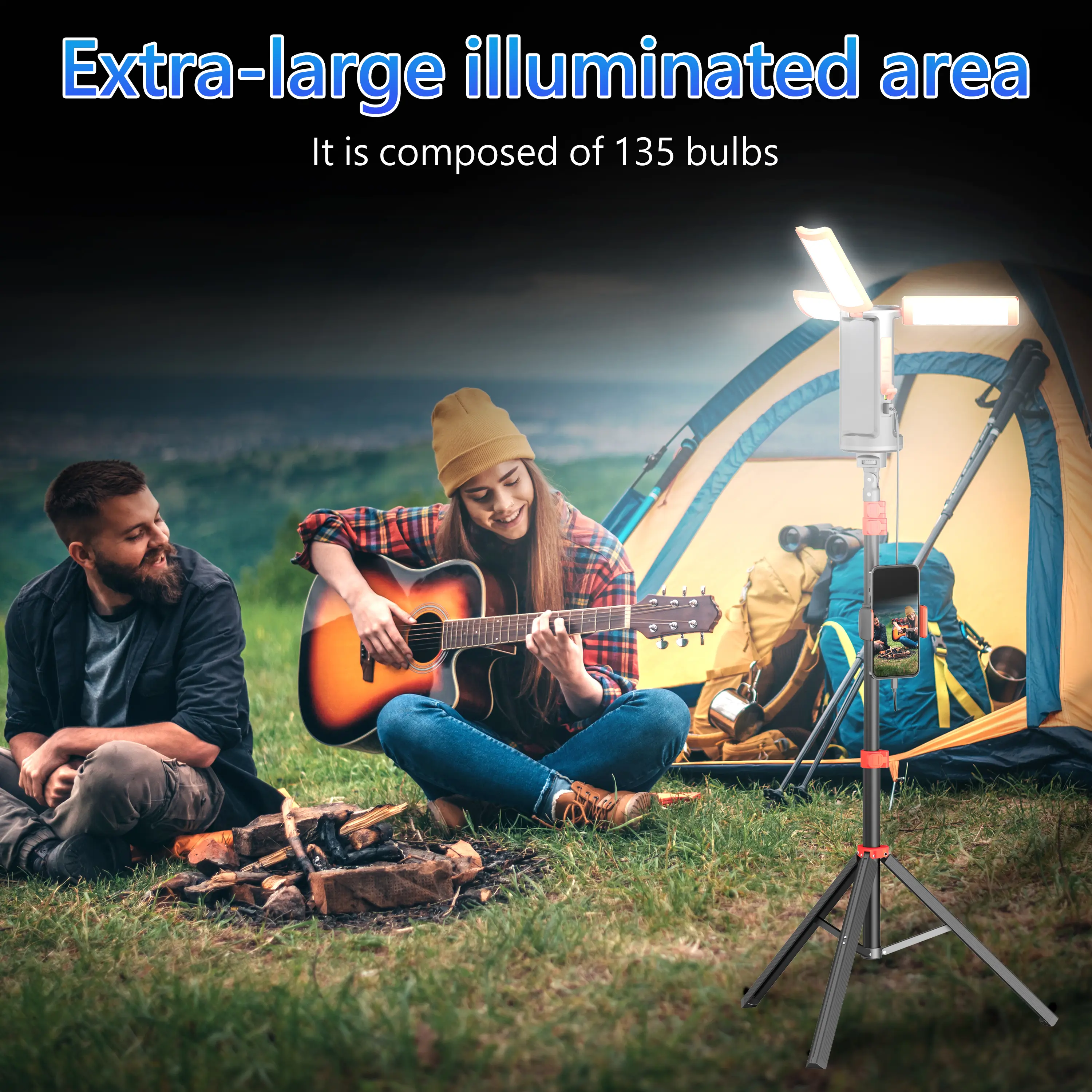 3-Head LED Camping Light - 10000mAh Power Bank, 67" Adjustable Stand, Detachable Tripod, High Power Flashlights, LED Flashlight Rechargeable, Rechargeable Spotlight, Portable Work Light, Work Accessories, Tech Gadgets for Outdoor, Emergency Use,summervibe