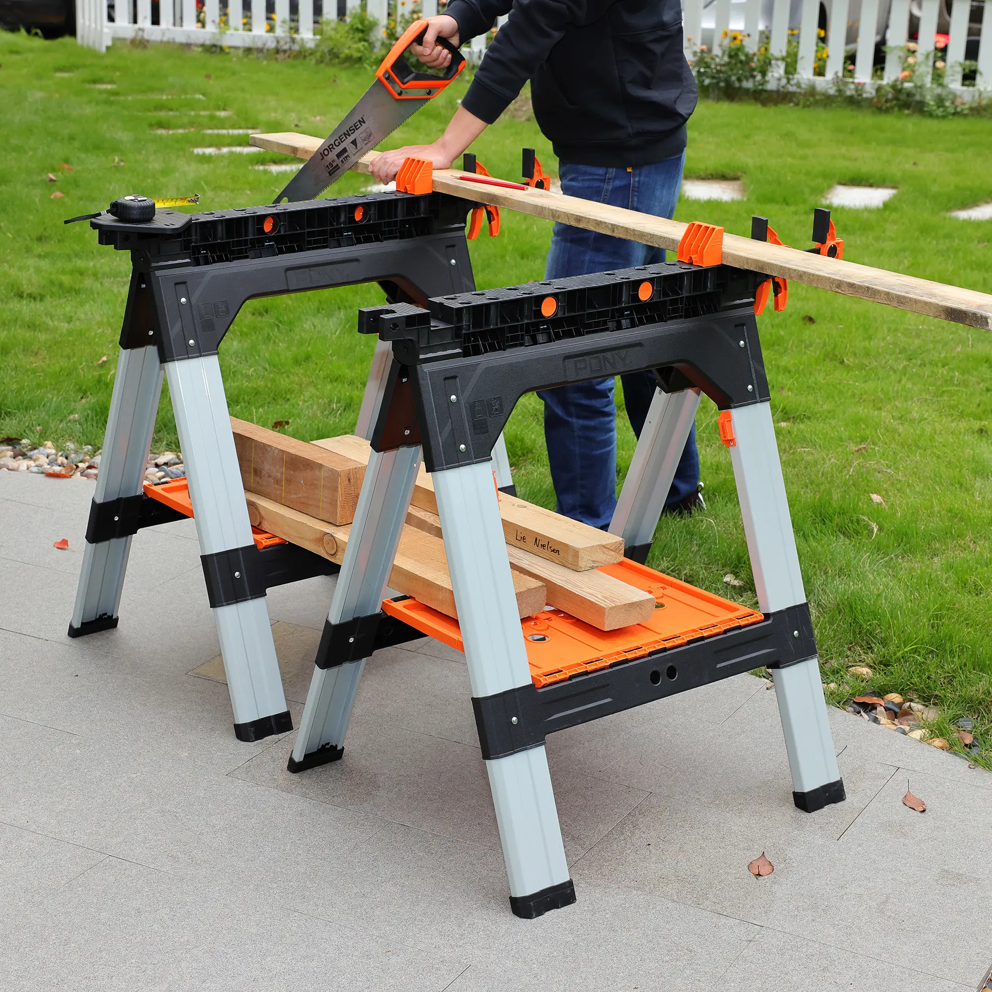 2-Pack Clamping Sawhorses, 1200 LBS Load Capacity, 30-3/4" Folding Sawhorse with 12” F Clamps, Bench Dogs, Angle Clamps, 2" Spring Clamps, Steel Legs, Heavy Duty for Woodworking