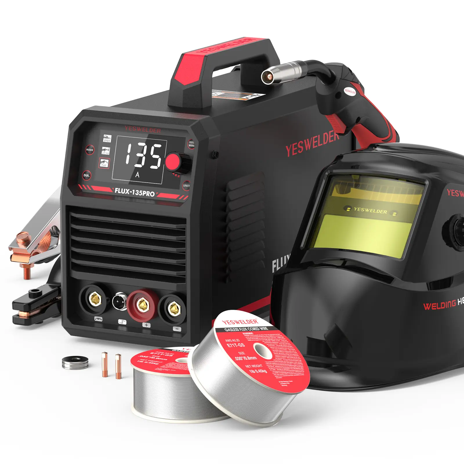 110V 135Amp Flux Core MIG Welder with LYG-L600A Welding Helmet | Gasless MIG/Lift TIG/Stick 3-in-1 Digital Display Welding Machine