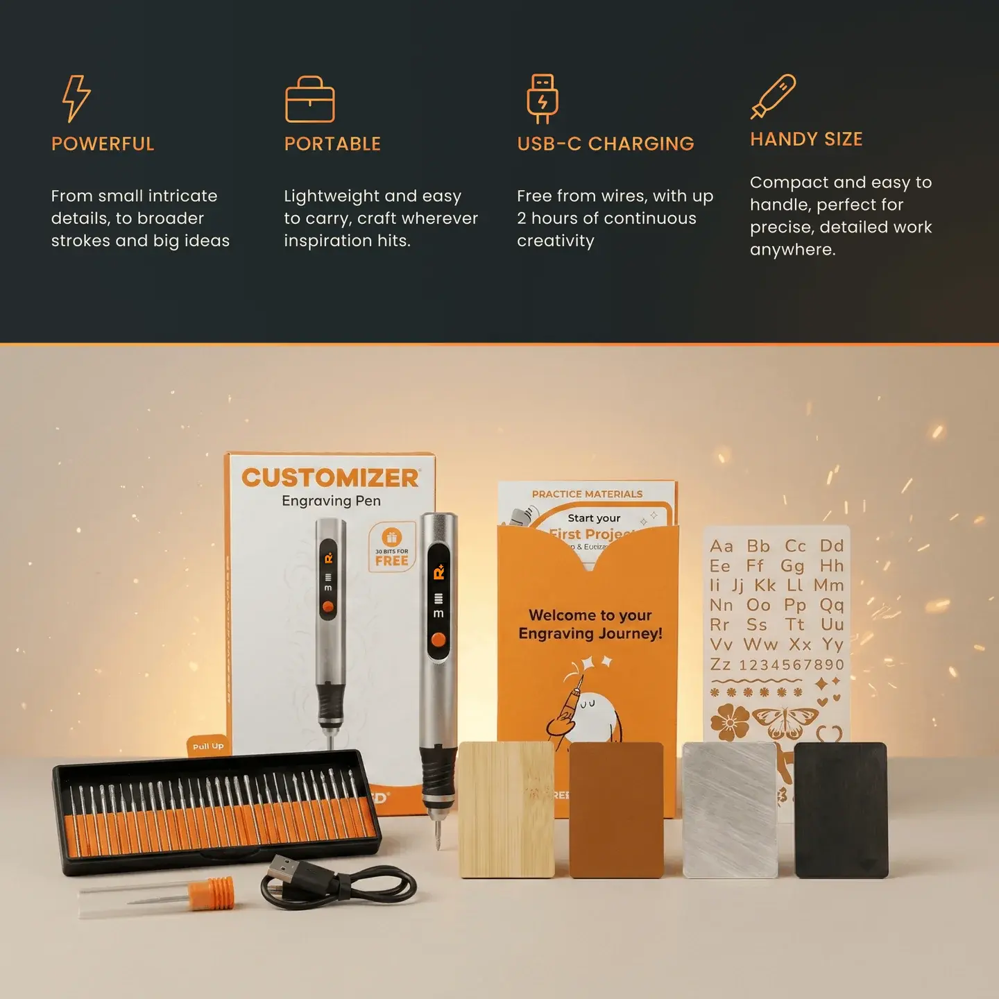 Customizer Engraving Pen with 30 Free Diamond Bits for Personalized Gifts & Practice Canvases Easy to Use USB-C Fast Charger 3 Speed Settings 8000-21000 RPM